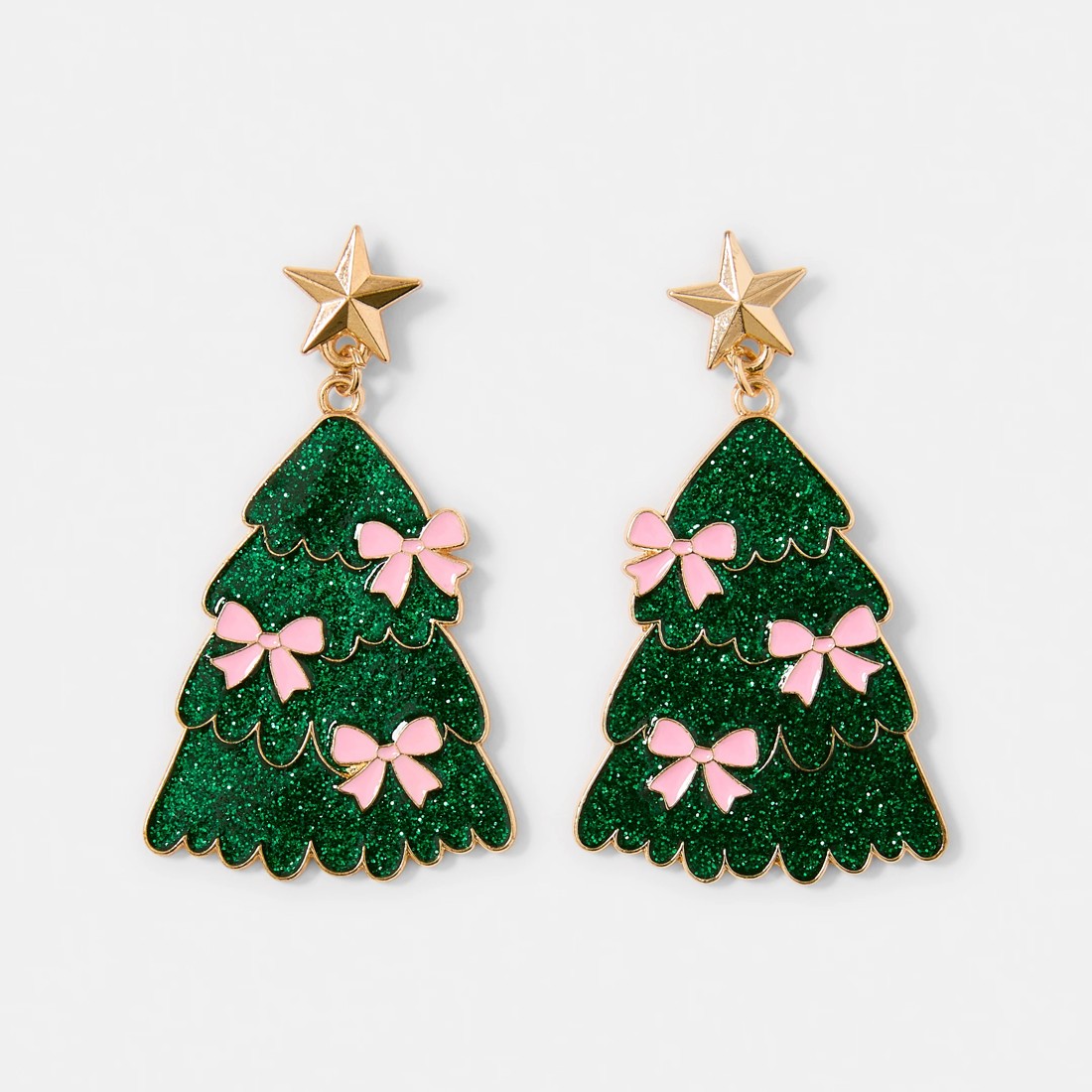 1 Christmas Bow Christmas Tree Earrings - Green, Pink and Gold Tone, 1 of 5
