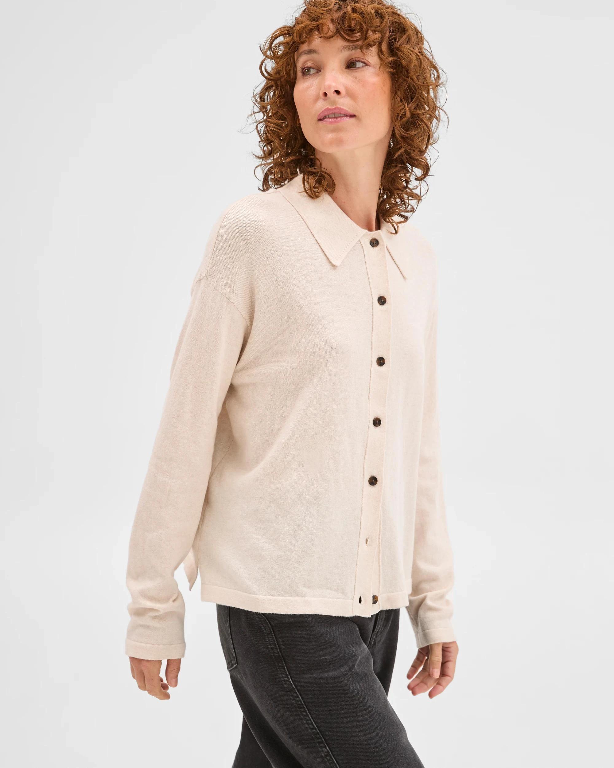 3 Target Woman Australian Cotton Blend Knit Polo Collar Cardigan PEBBLE, 3 of 7