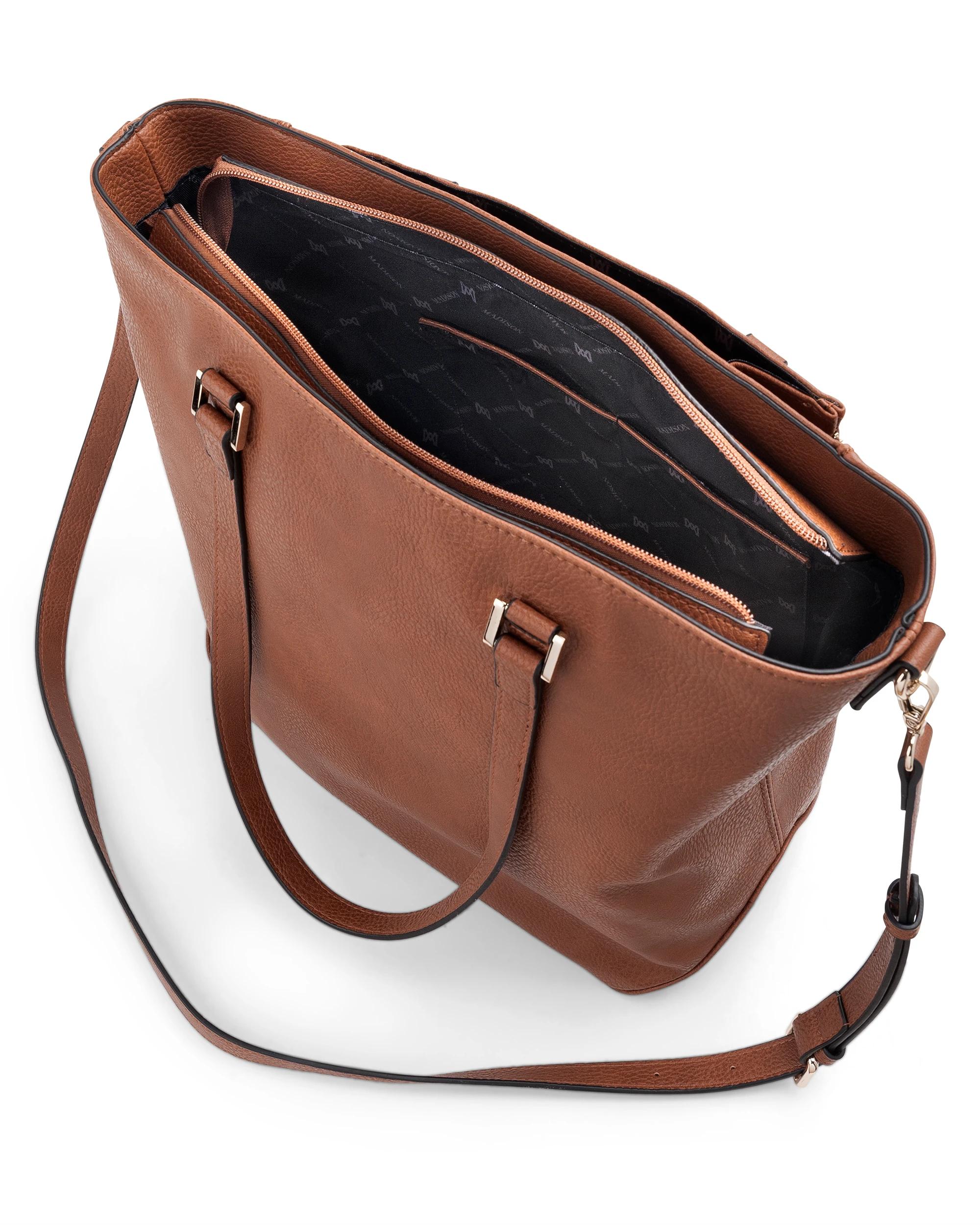 6 Madison Accessories Amelia Large Zip Detail Tote DK TAN LT GOLD, 6 of 8