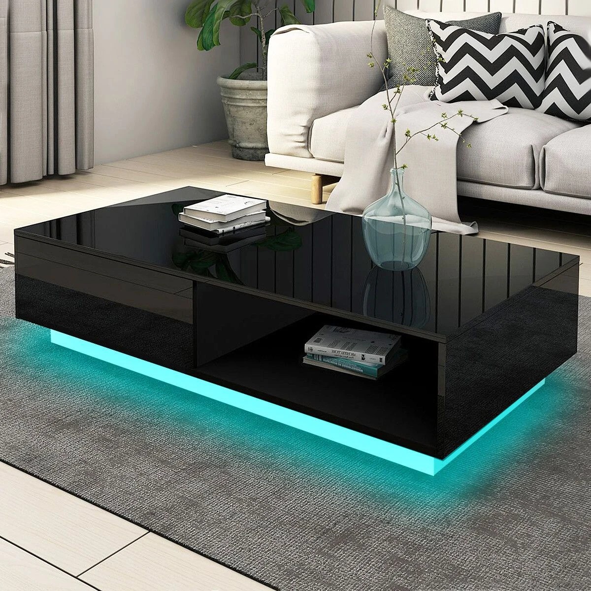 2 Ausway Modern Rectangle Coffee Table Storage Unit High Gloss with Drawer, 2 of 5