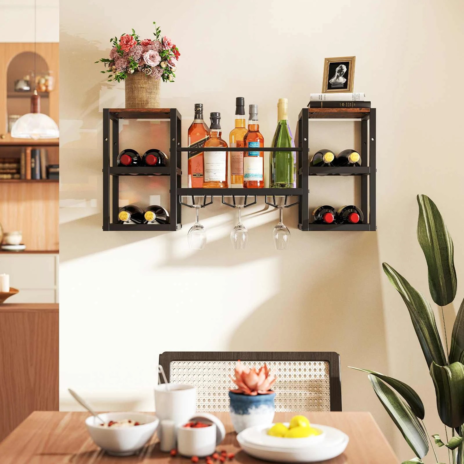2 Costway 4 Tier Wall Mounted Wine Rack w/Glass Holder - Brown, 2 of 2