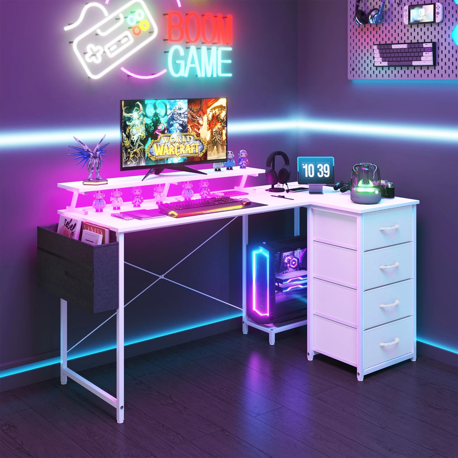 2 Advwin L Shaped Gaming Desk 140cm With Led Lights & Power Outlets Convertible Computer Desk - White, 2 of 10