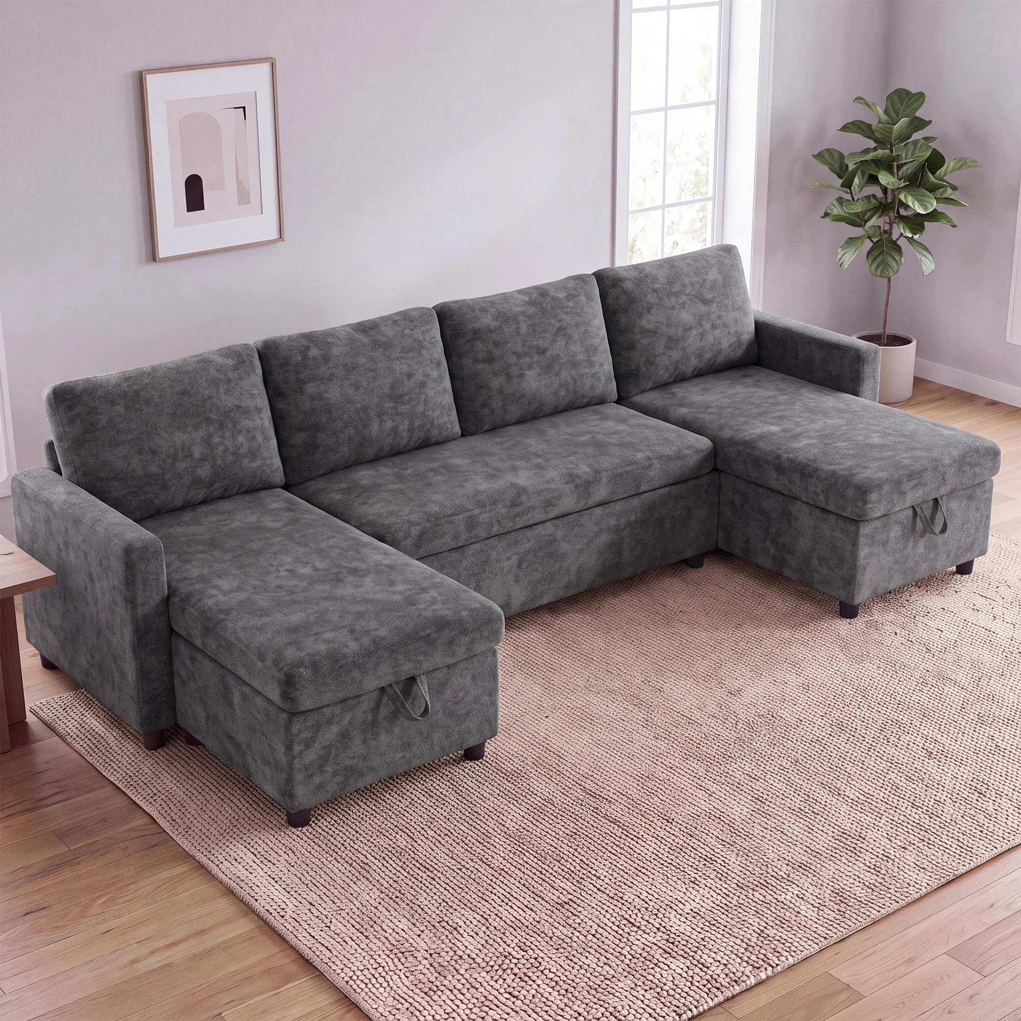 7 Advwin 253cm Sofa with Pull Out Bed U Shaped Chenille Convertible Sleeper Sofa Bed with Double Storage Chaise - Grey, 7 of 9