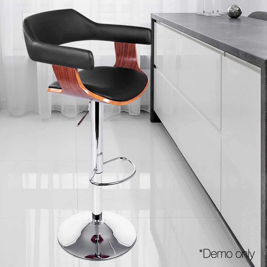 8 Artiss 1x Bar Stools Gas Lift Leather w/Armrest - Black, 8 of 8