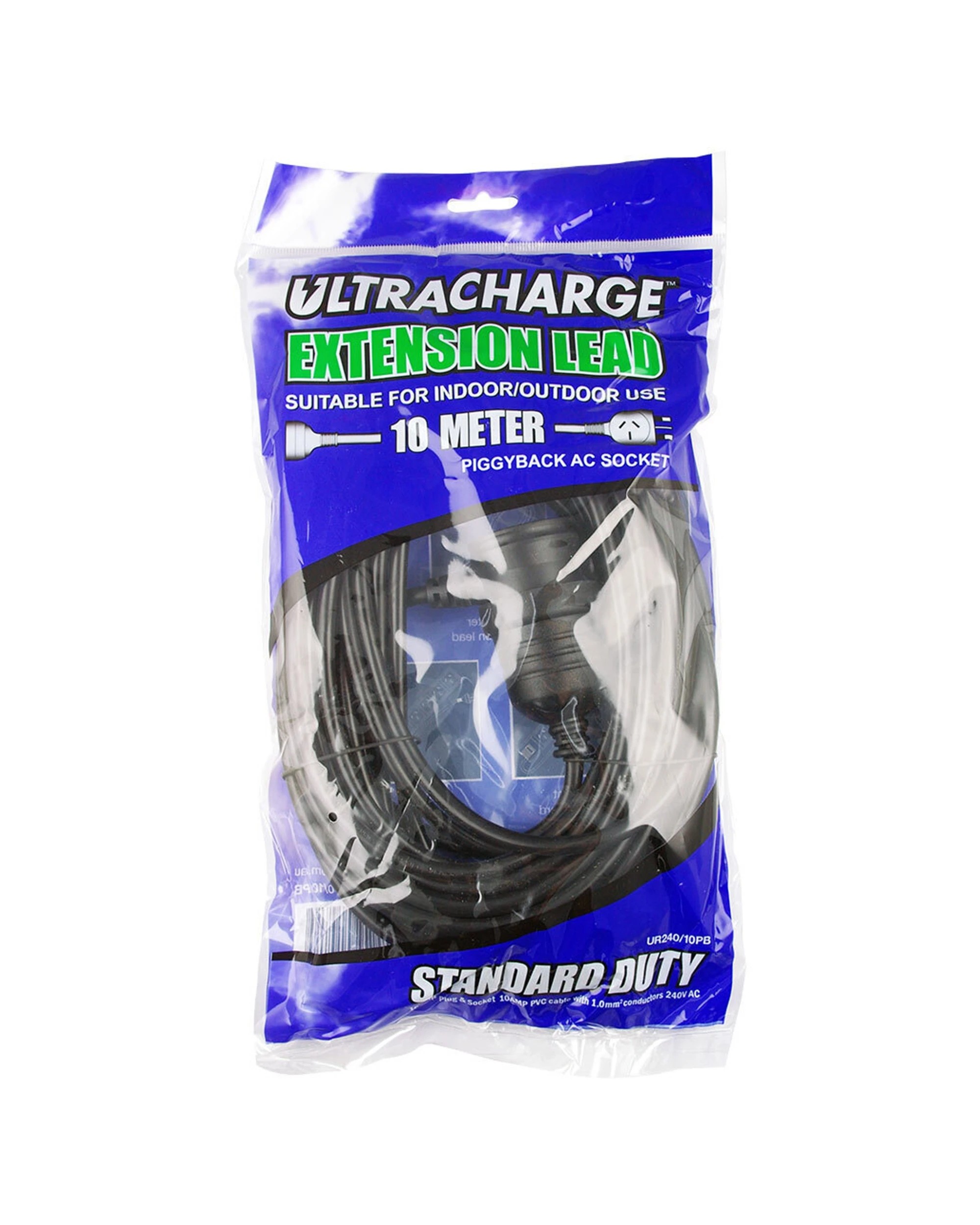 1 Ultracharge Extension Lead 10M With Piggy Back Plug Indoor Outdoor - Black, 1 of 3