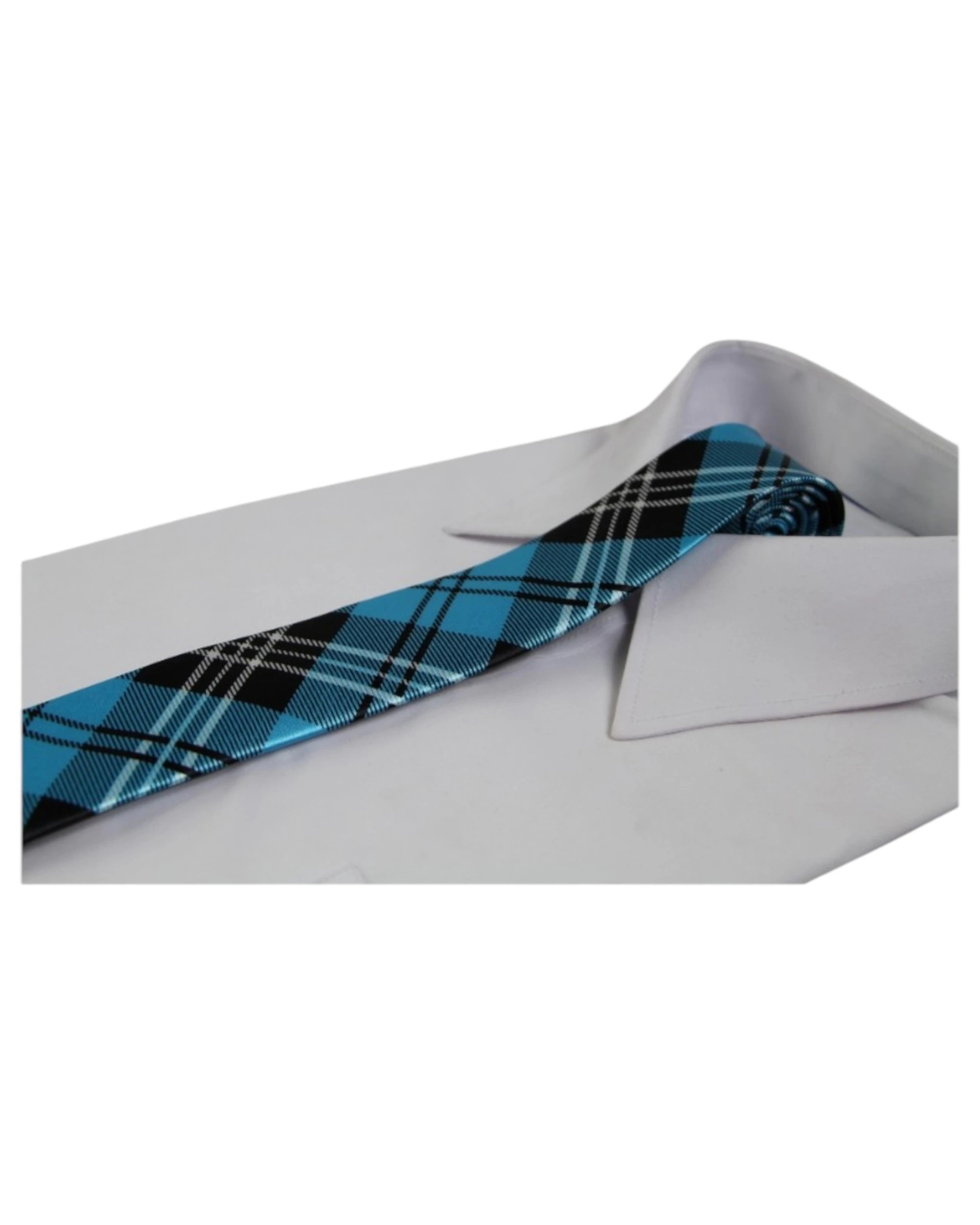1 Zasel Mens Ocean Blue & Black Plaid Striped 5cm Skinny Neck Tie, 1 of 2
