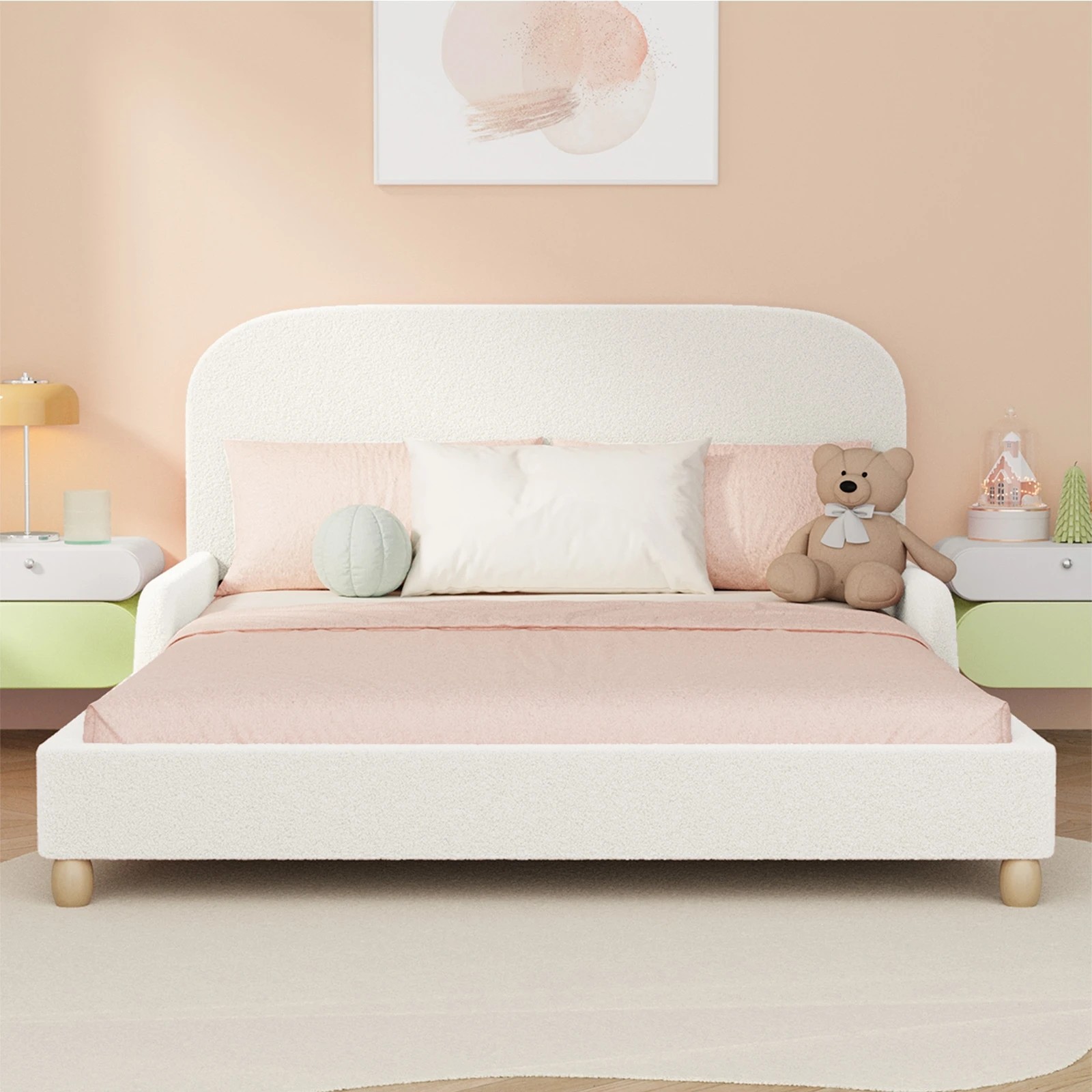 4 Oikiture Kids Bed Frame Double Size With Side Guard Rails Boucle - White, 4 of 10