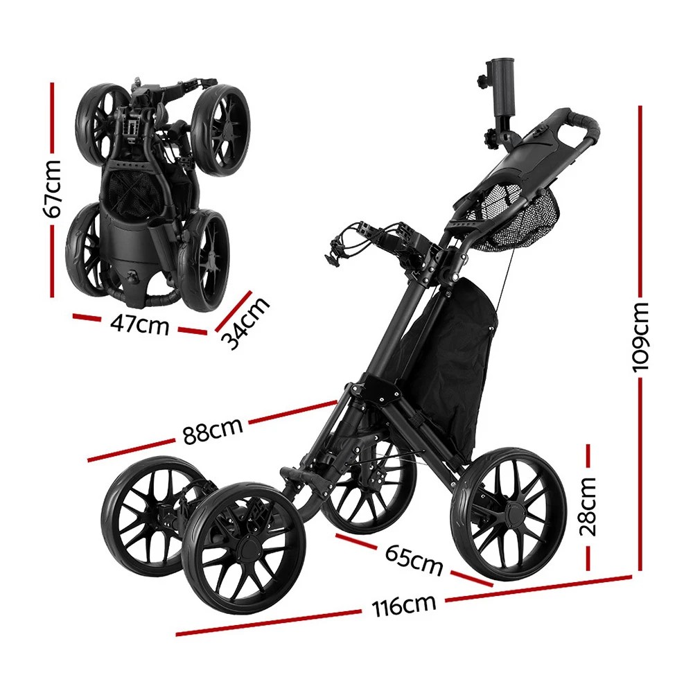 2 Everfit Golf Buggy Foldable Trolley Golf Cart Wheels Umbrella Bottle Holder - Black, 2 of 6