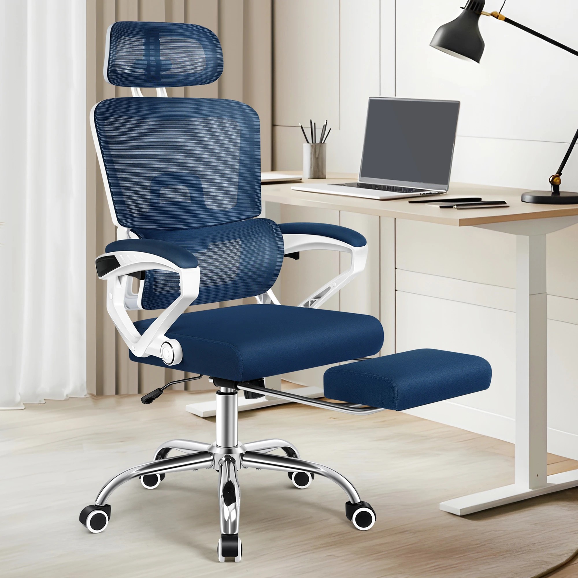 2 Alfordson Mesh Office Chair Racing Ergonomic Executive Computer Recliner Work - White Blue, 2 of 10