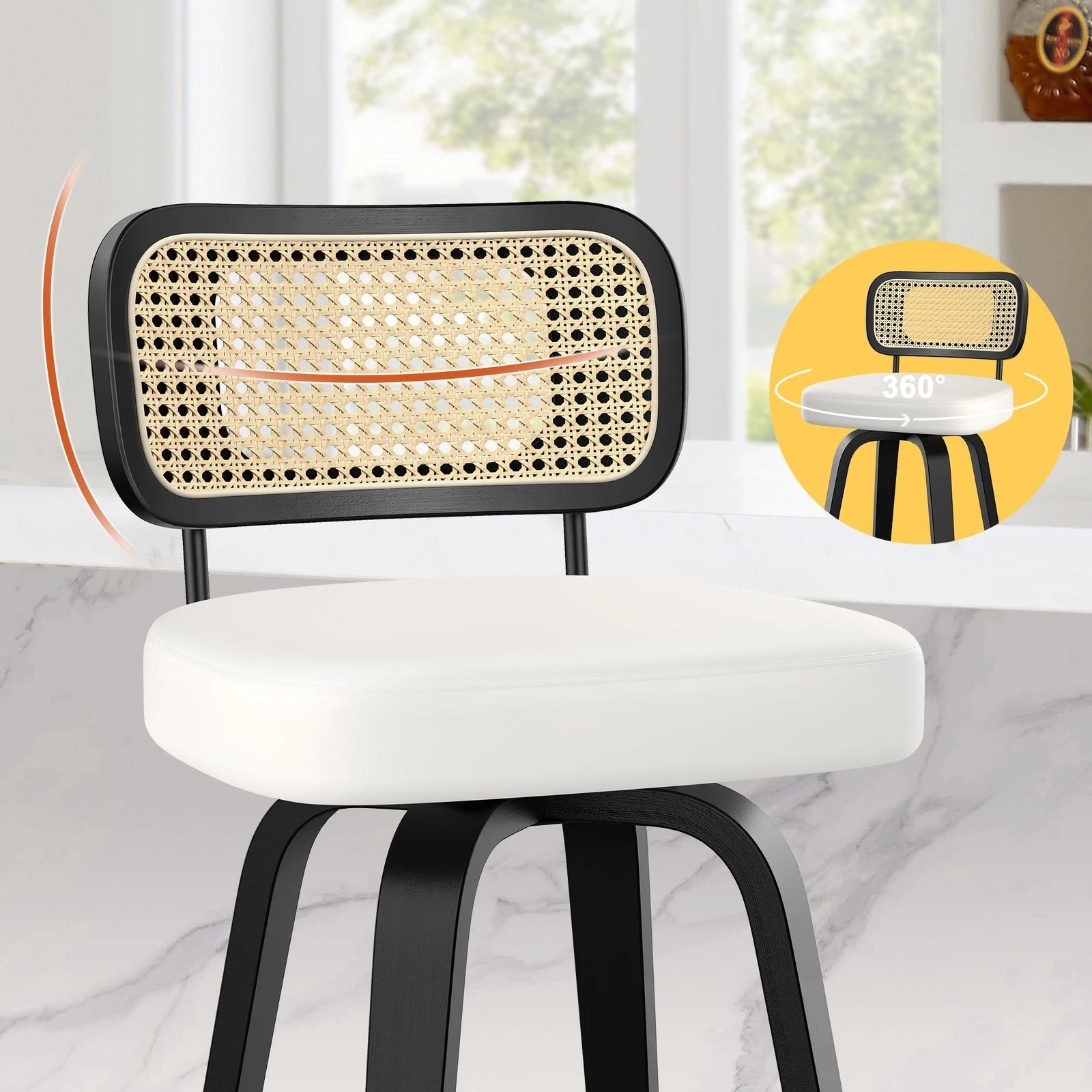 3 Alfordson 2x Bar Stools Kitchen Vintage Leather Seat Rattan Chair - White, 3 of 9