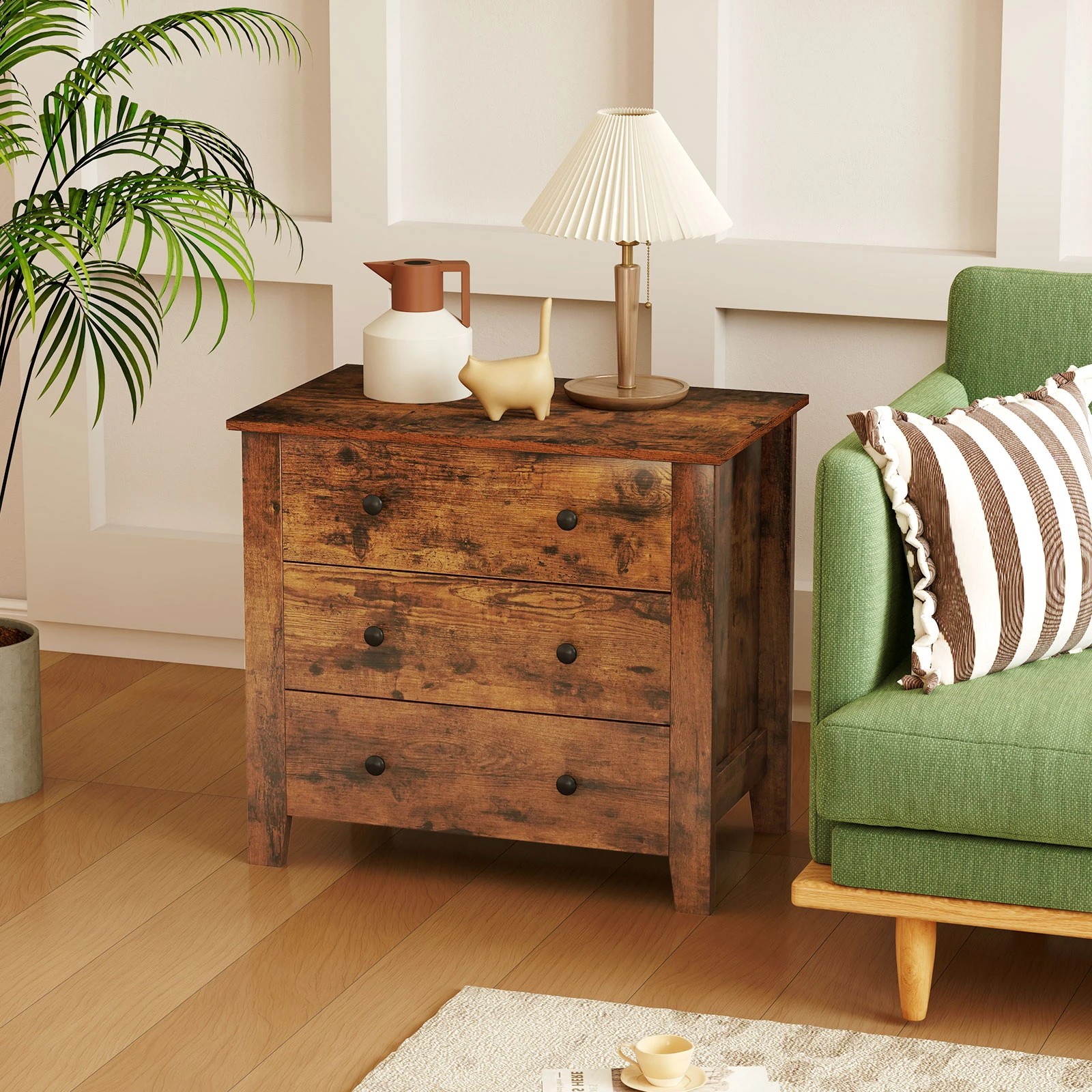 2 Costway 3-Drawer Dresser Chest Nightstand Bedside Storage Cabinet Closet Organiser - Brown, 2 of 6