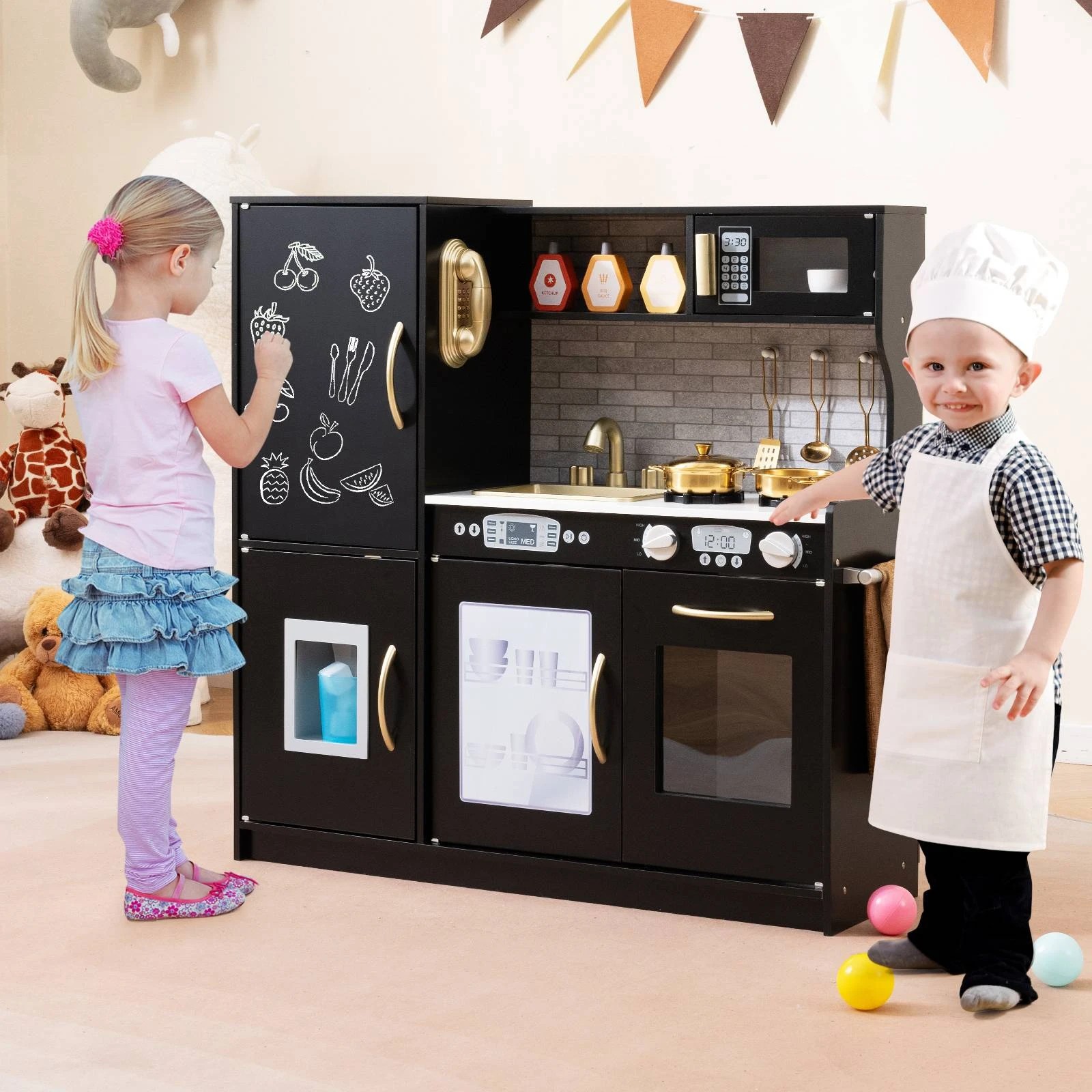 2 Costway Kitchen Playset Pretend Cooking Toy w/Cookware - Black, 2 of 2