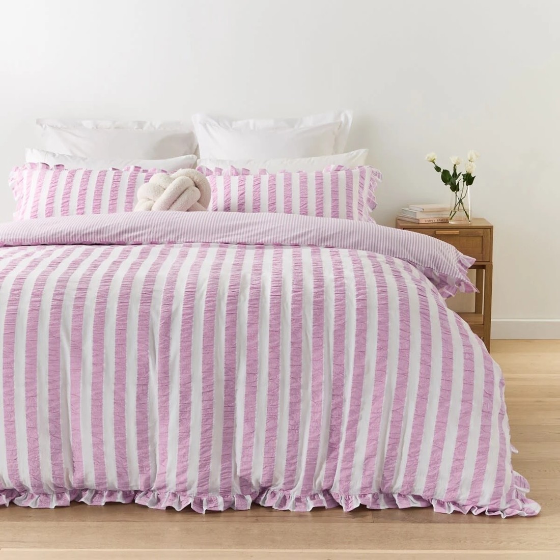 1 Ruffle Stripe Cotton Reversible Quilt Cover Set - Double Bed, Mauve, 1 of 7