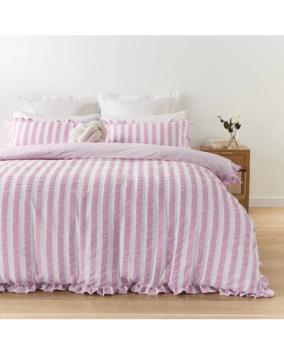 Ruffle Stripe Cotton Reversible Quilt Cover Set - Double Bed, Mauve