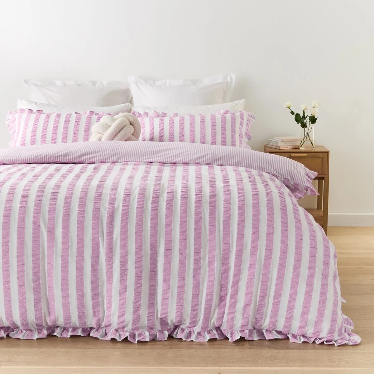 1 Ruffle Stripe Cotton Reversible Quilt Cover Set - Double Bed, Mauve, 1 of 7