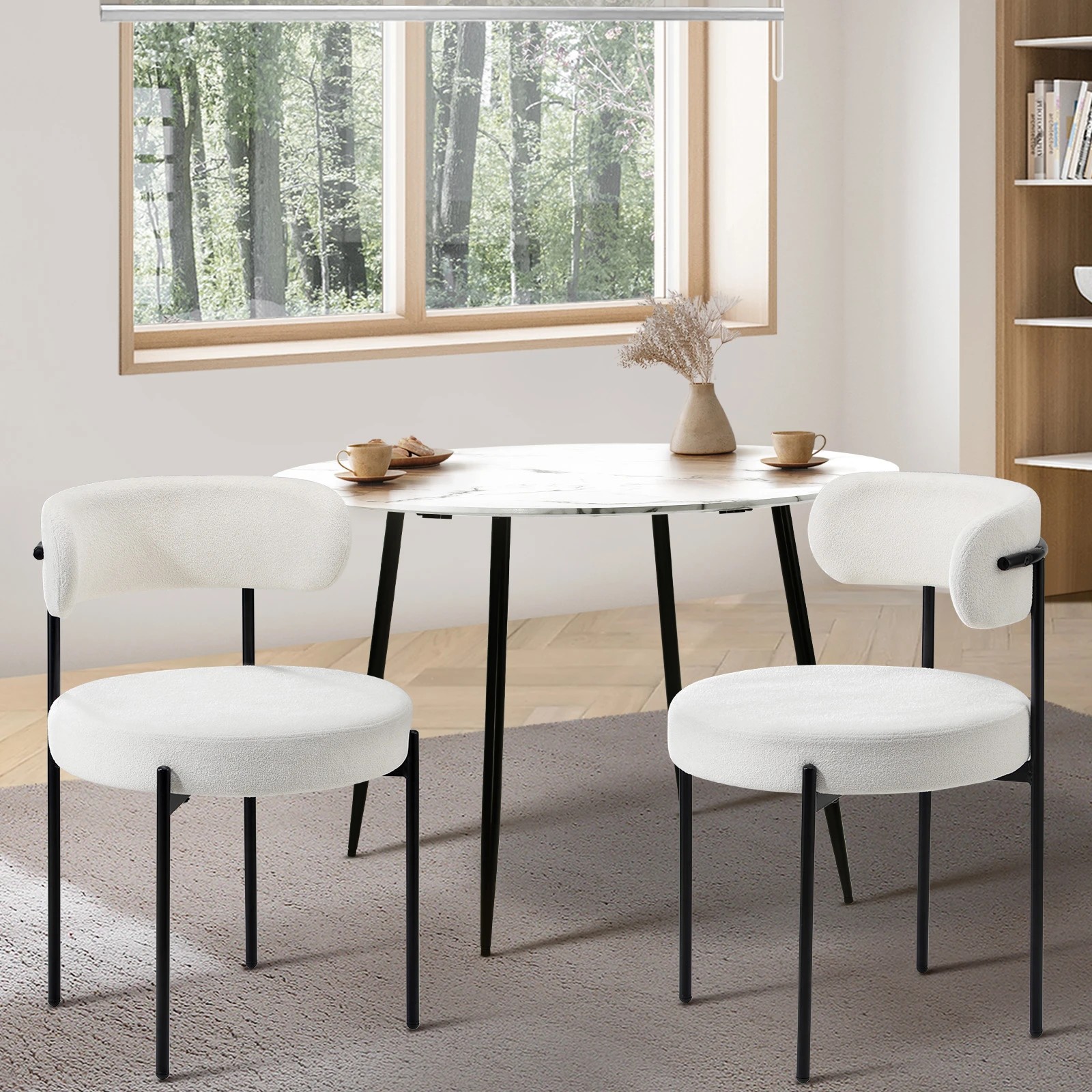 2 Oikiture 2x Dining Chair Round Boucle Kitchen Lounge Seats Backrest
 - White, 2 of 10