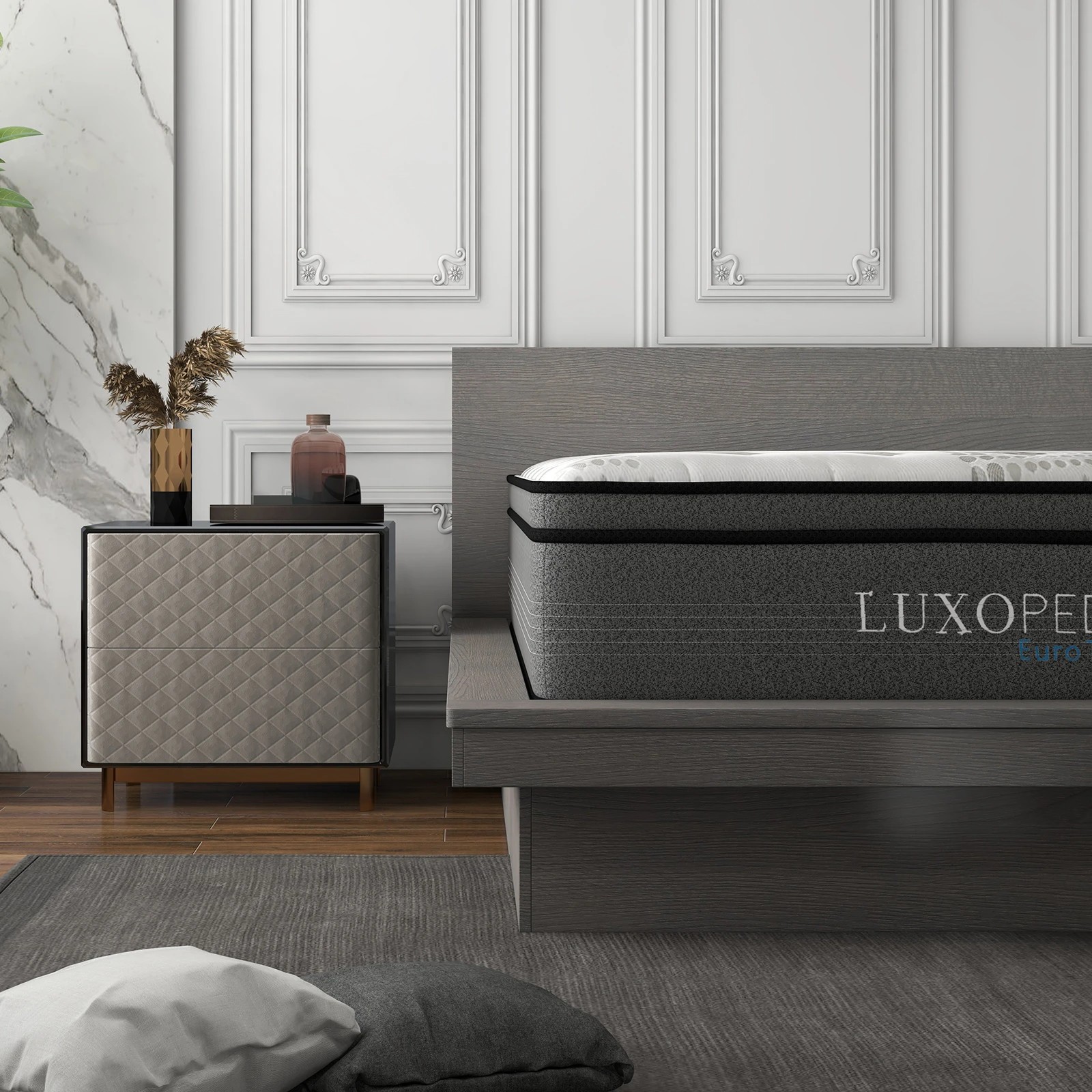2 Luxopedic Pocket Spring Mattress 5 Zone 32CM Euro Top Memory Foam Medium Firm - King Single Bed - White, Grey, 2 of 10
