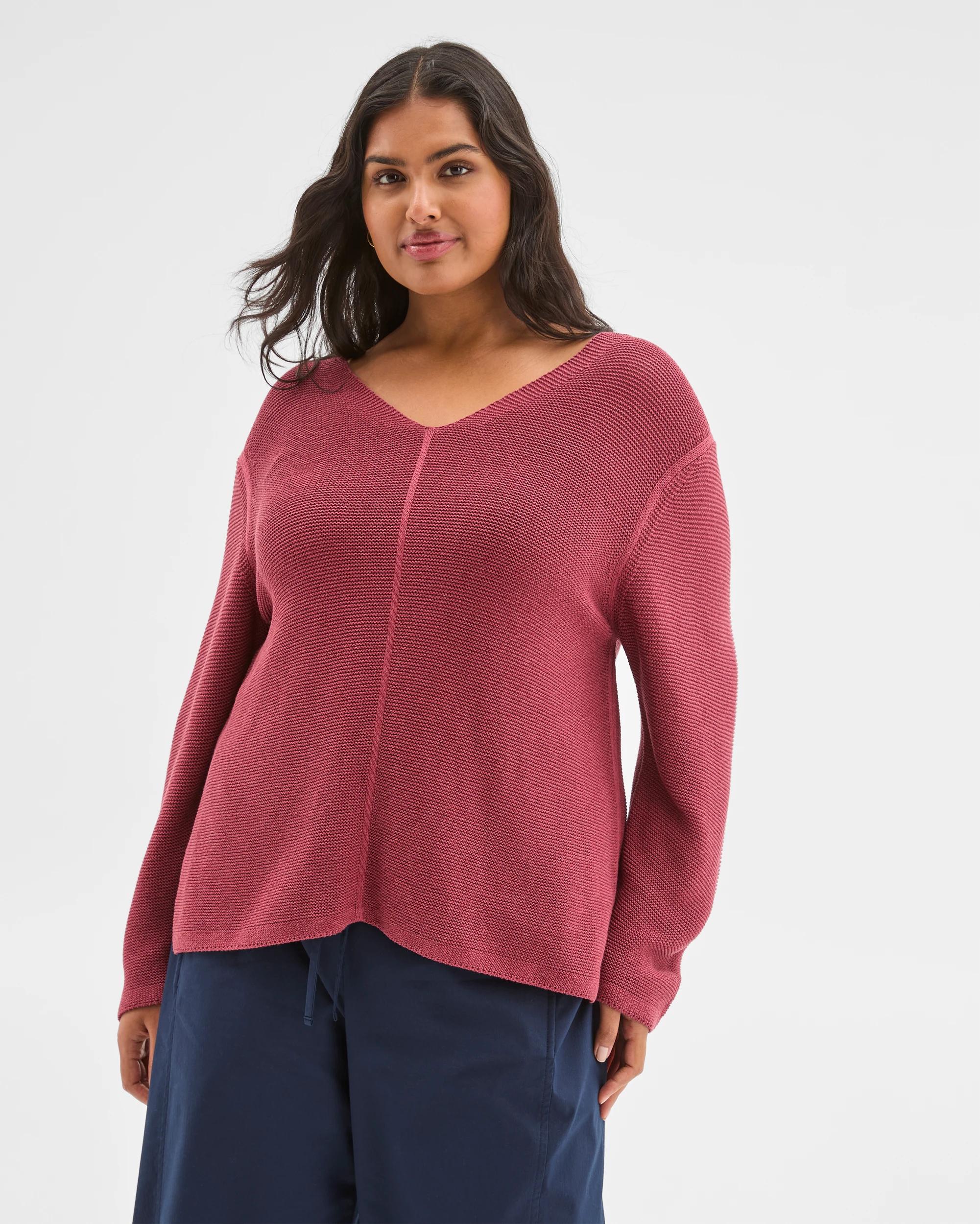 2 Target Curve Plus Size Australian Cotton Blend V-Neck Ottoman Twist Jumper MULBERRY, 2 of 5
