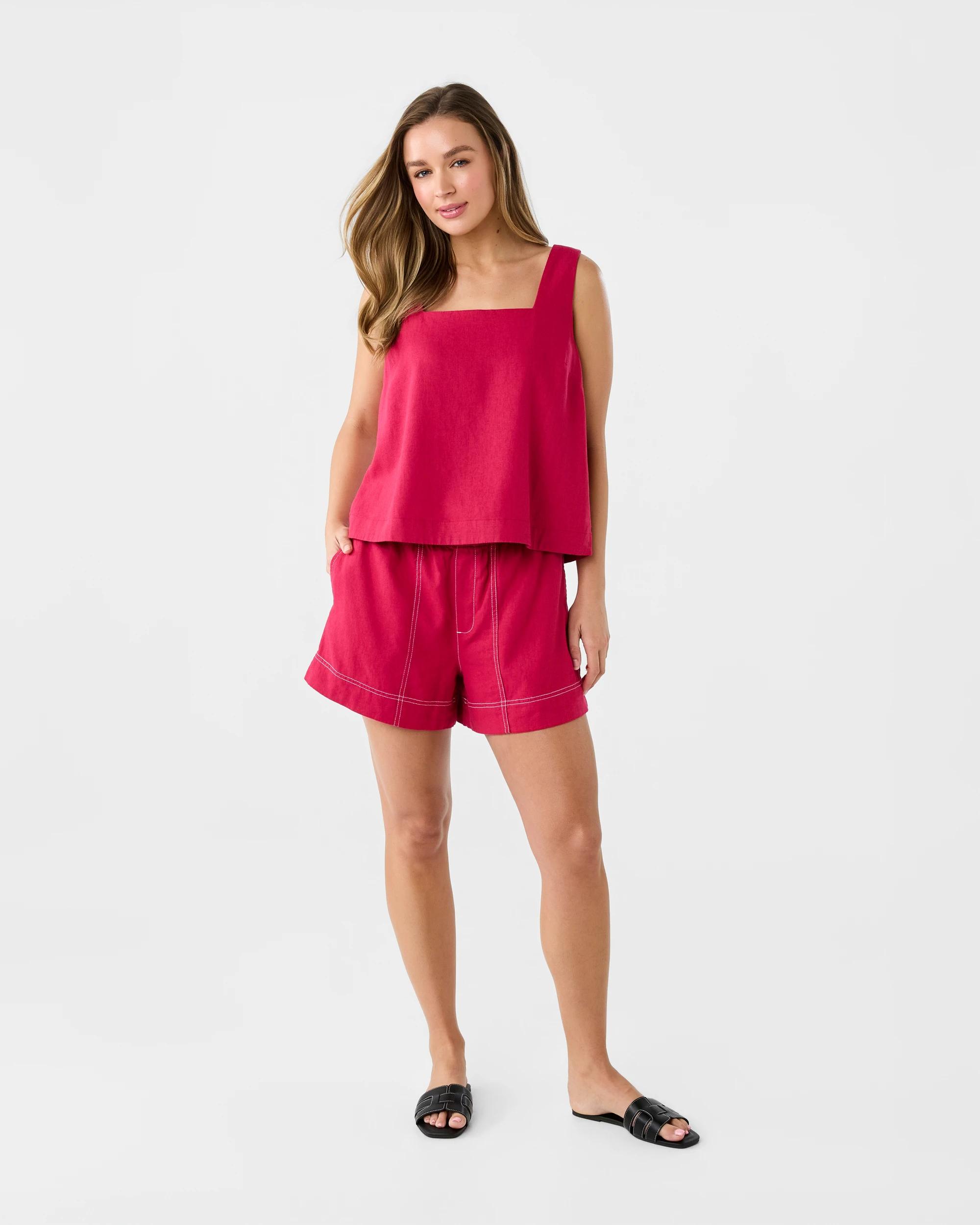2 Sleeveless Linen Blend Square Neck Tank Dark Pink, 2 of 6