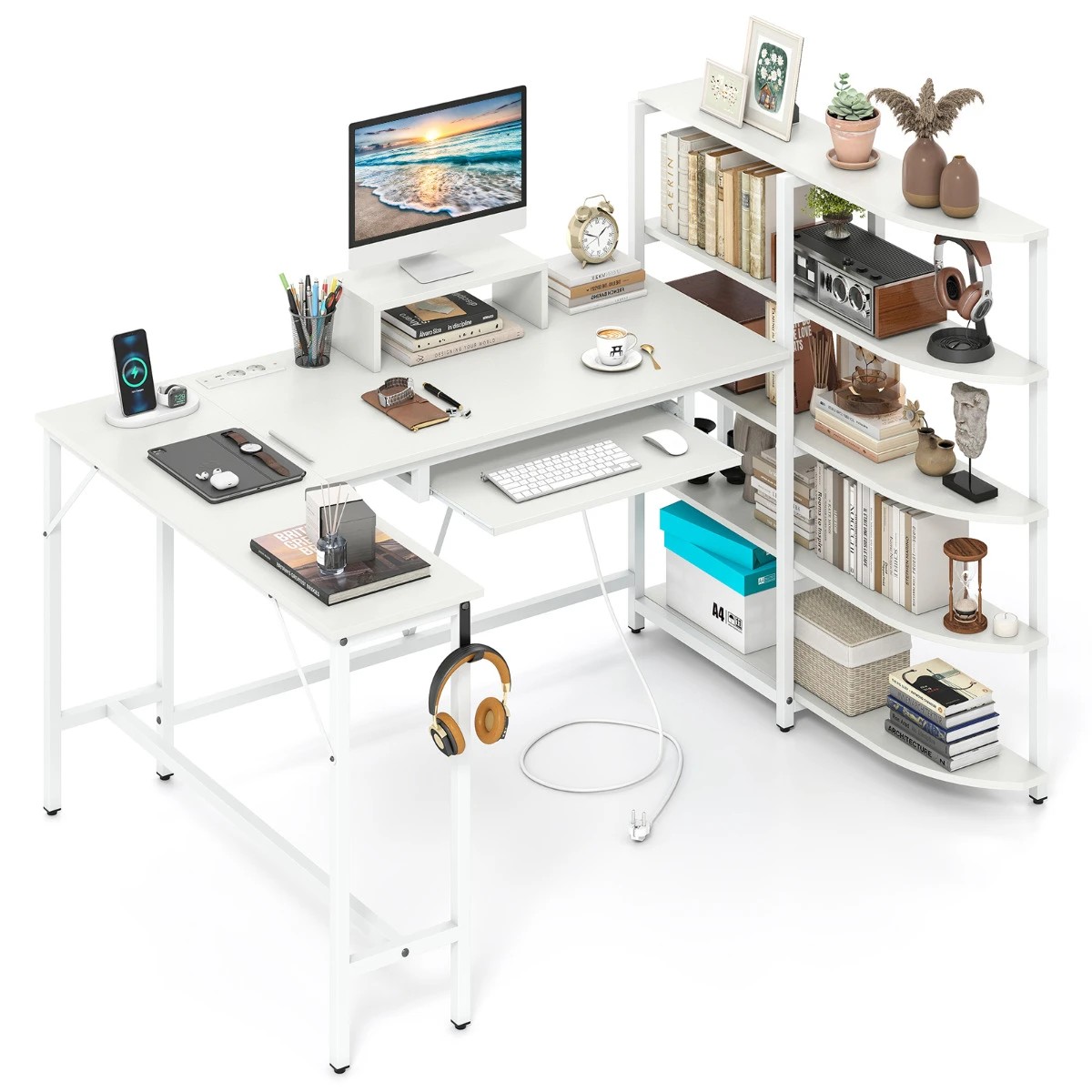 4 Costway L Shaped Computer Desk w/5-tier Storage Shelves Corner Writing Table - White, 4 of 5