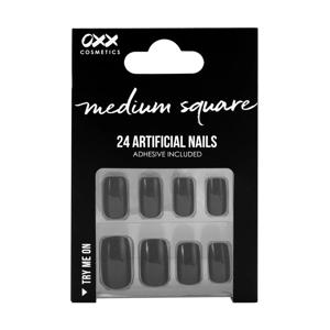 OXX Cosmetics 24 Pack Artificial Nails with Adhesive - Medium Square Shape, Black Shiny