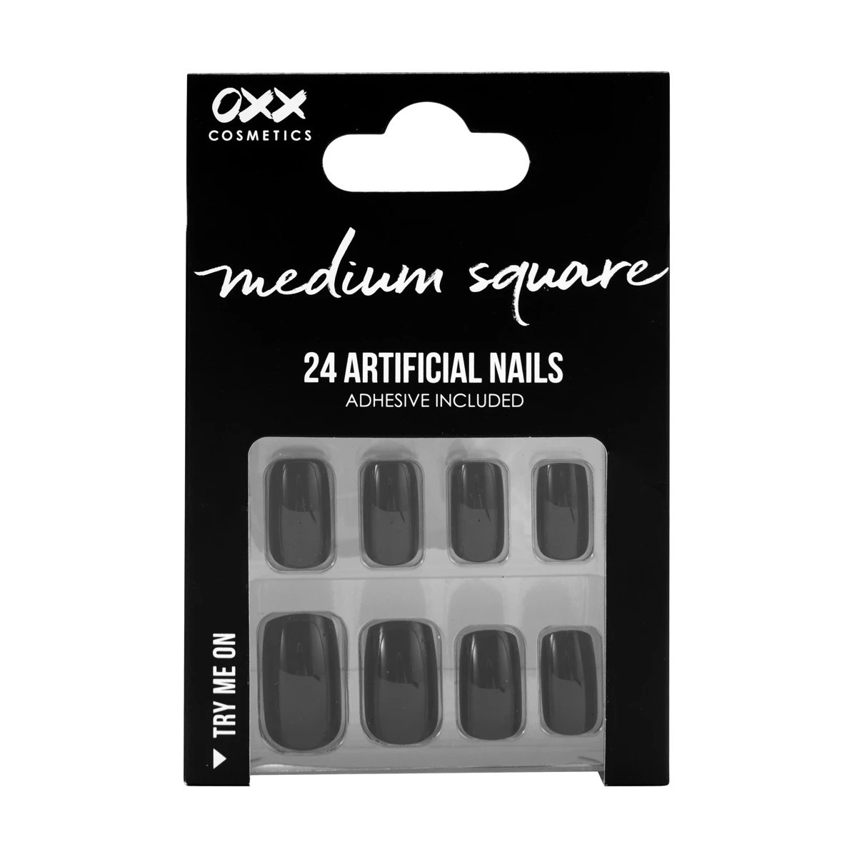 1 OXX Cosmetics 24 Pack Artificial Nails with Adhesive - Medium Square Shape, Black Shiny, 1 of 5