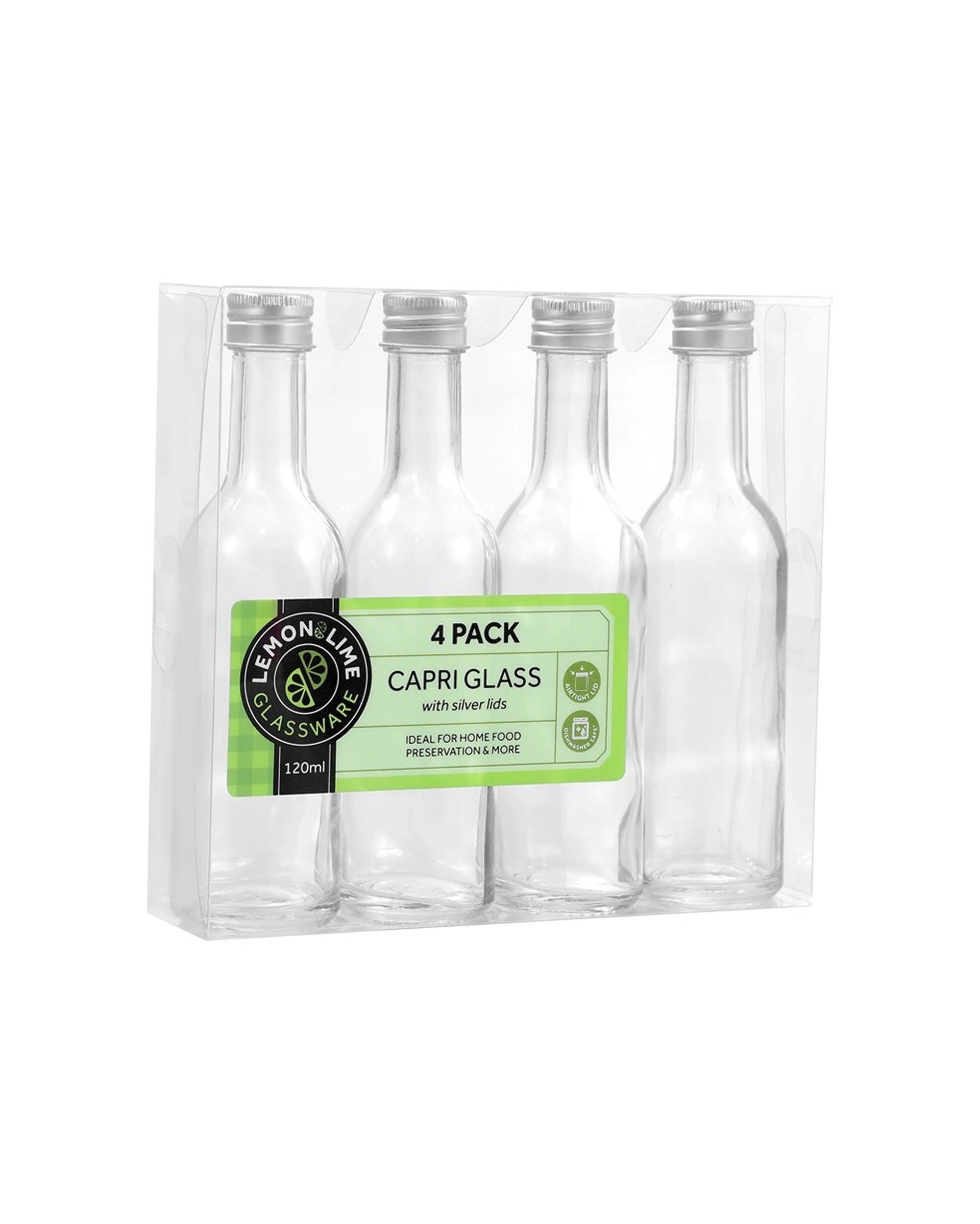 1 4pk Lemon & Lime 120ml Long Neck Mini Bottle Capri Glass W/ Silver Lid Storage
 - Clear, 1 of 4