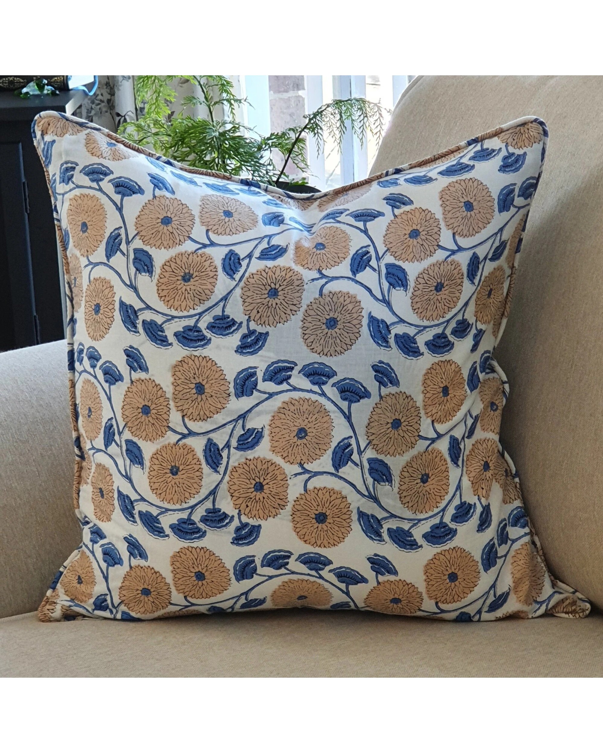 2 Kolka Boho Floral Soft Cotton Voile Decorative Cushion Hand Block-printed - Blue, 2 of 2