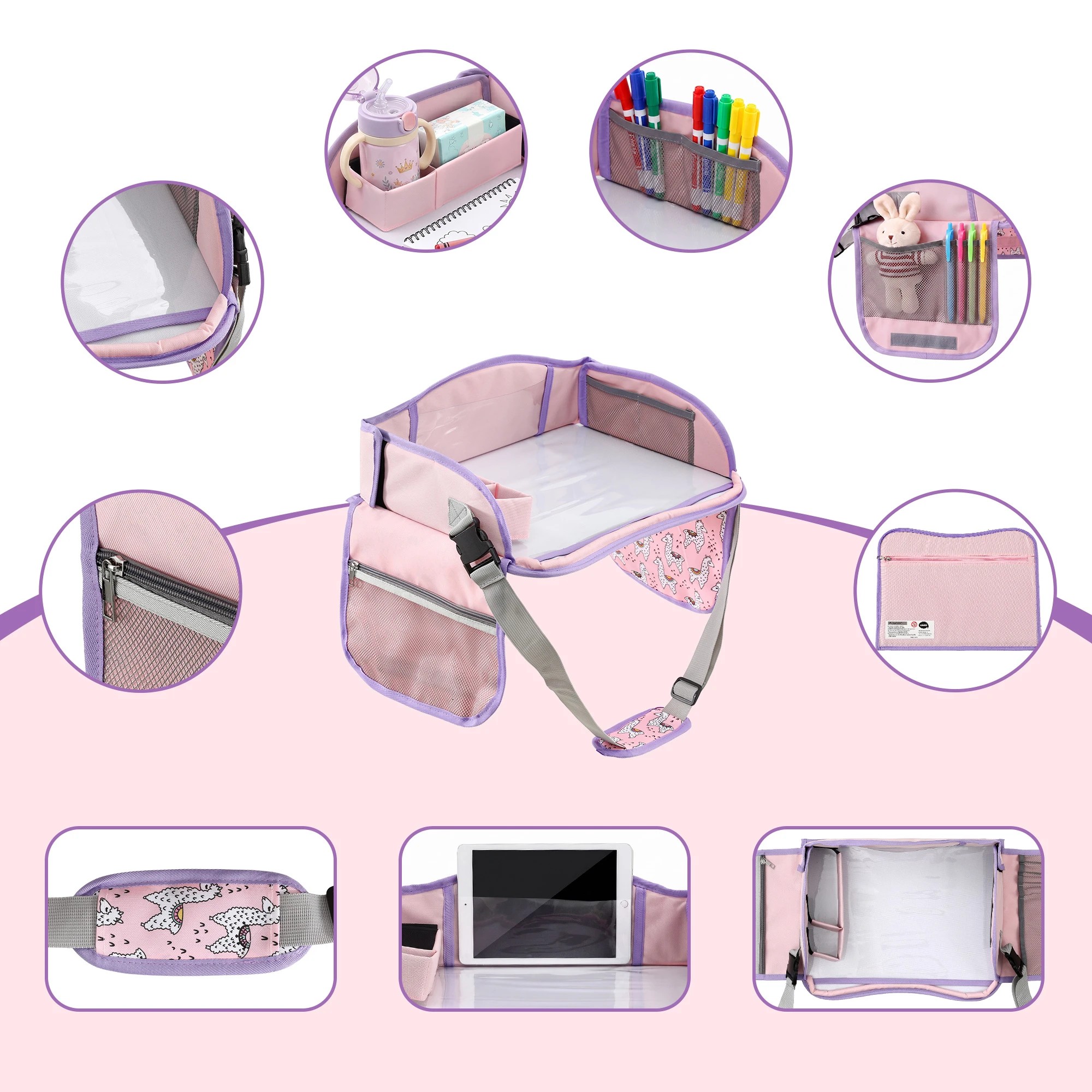 7 Keezi Kids Travel Tray Car Seat Lap Desk Portable Car Desk Organiser for Car & Airplane - Pink, 7 of 10