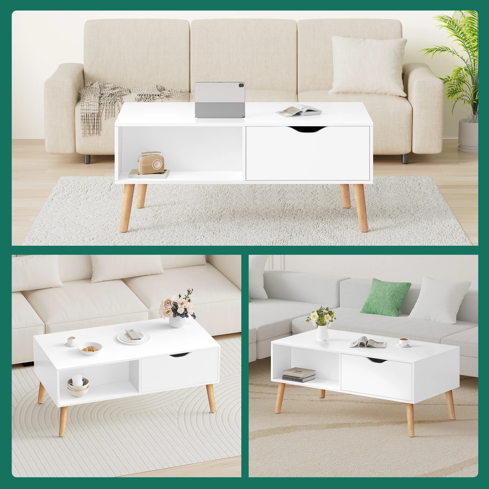 10 Alfordson Coffee Table Storage Tables 2 Drawers Shelf Modern Desk - White, 10 of 10