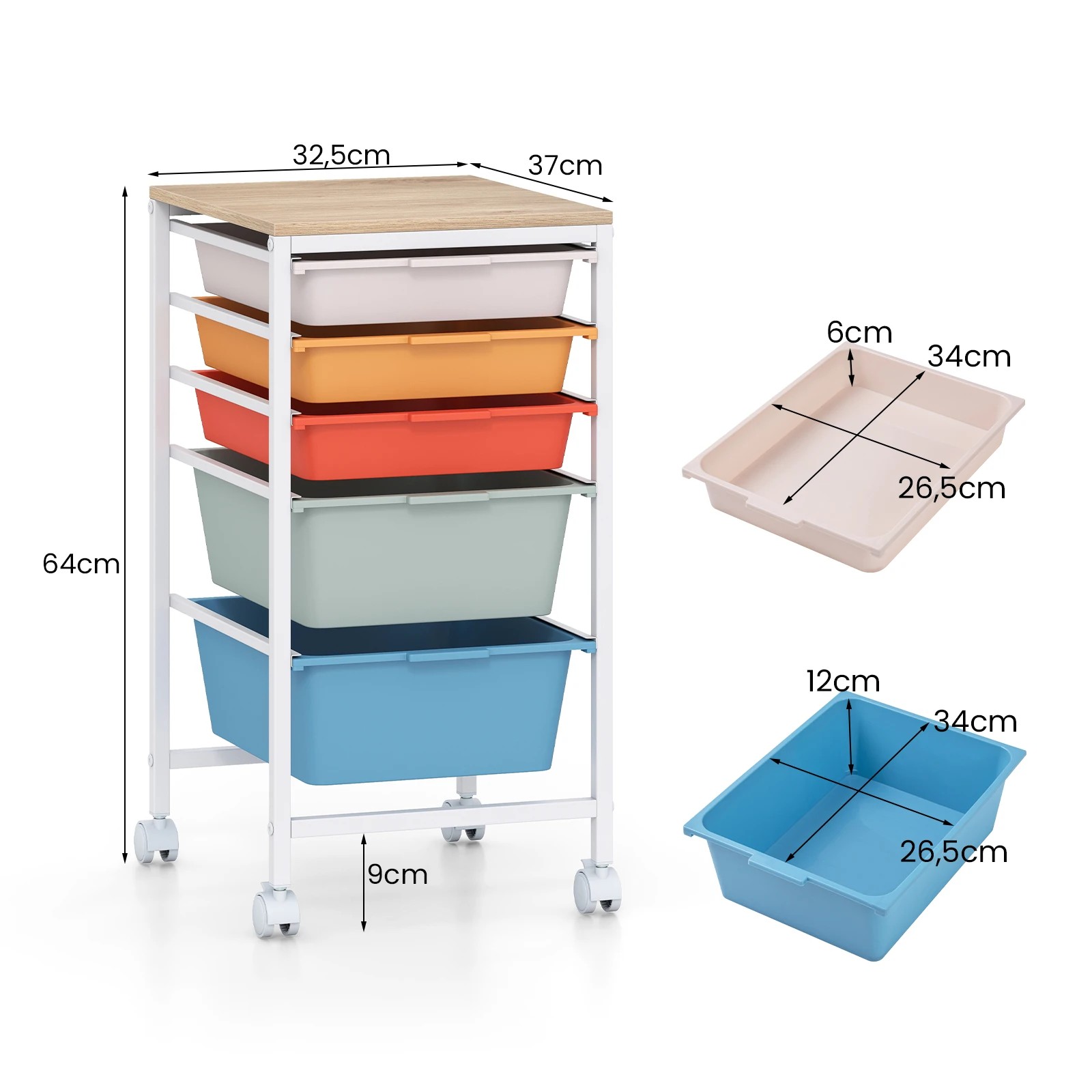 2 Costway 5-Drawer Rolling Storage Cart Mobile Utility Organizer w/Wooden Tabletop - Multi, 2 of 6