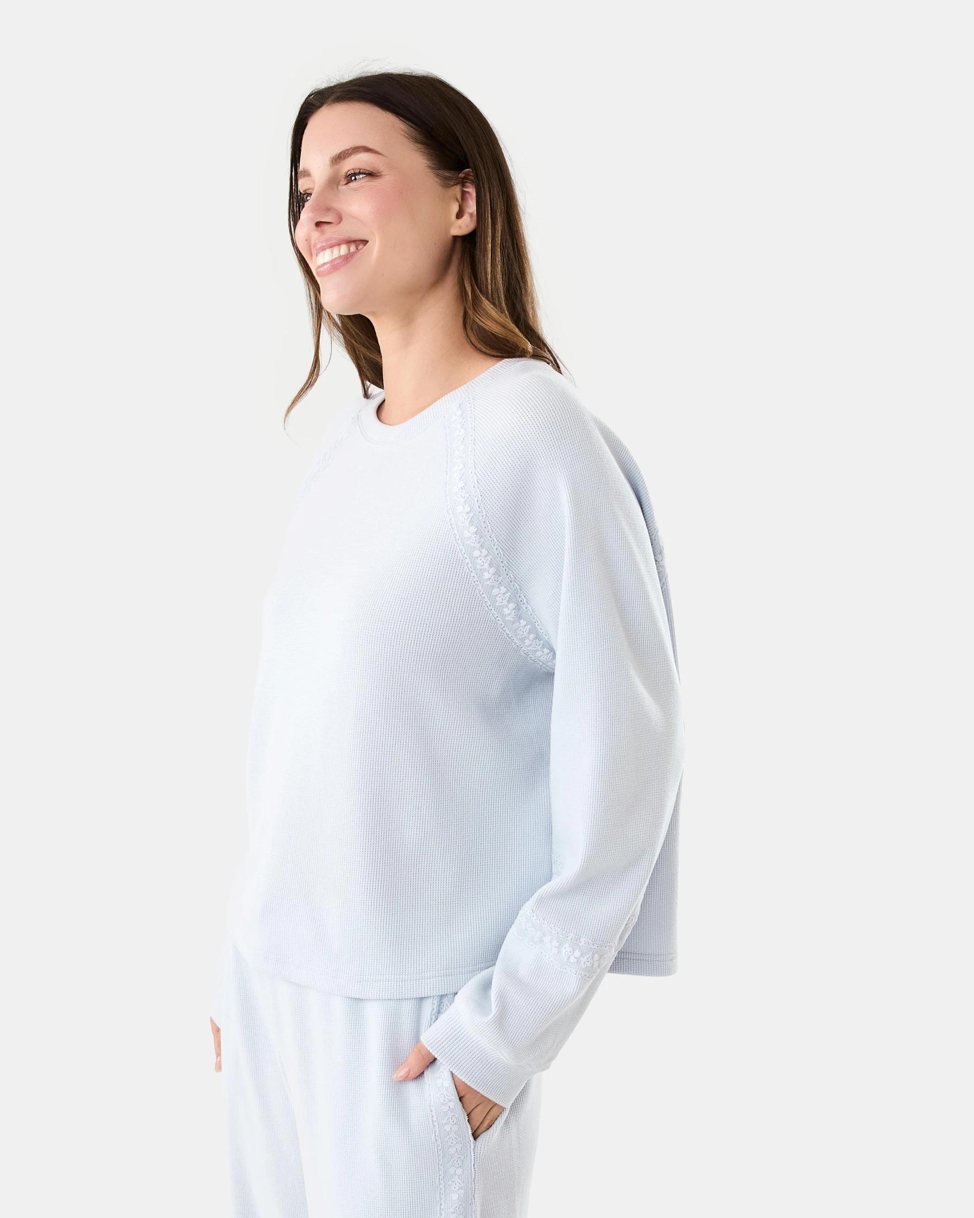 2 Long Sleeve Waffle Lace Lounge Top Halo Blue, 2 of 7