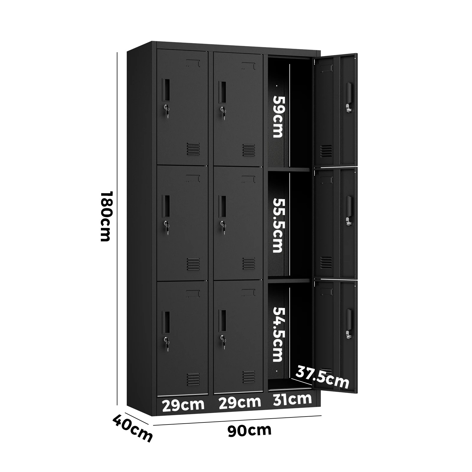 6 Oikiture 9 Doors Locker Cabinet Steel Storage Cupboard Office School Gym - Black, 6 of 10