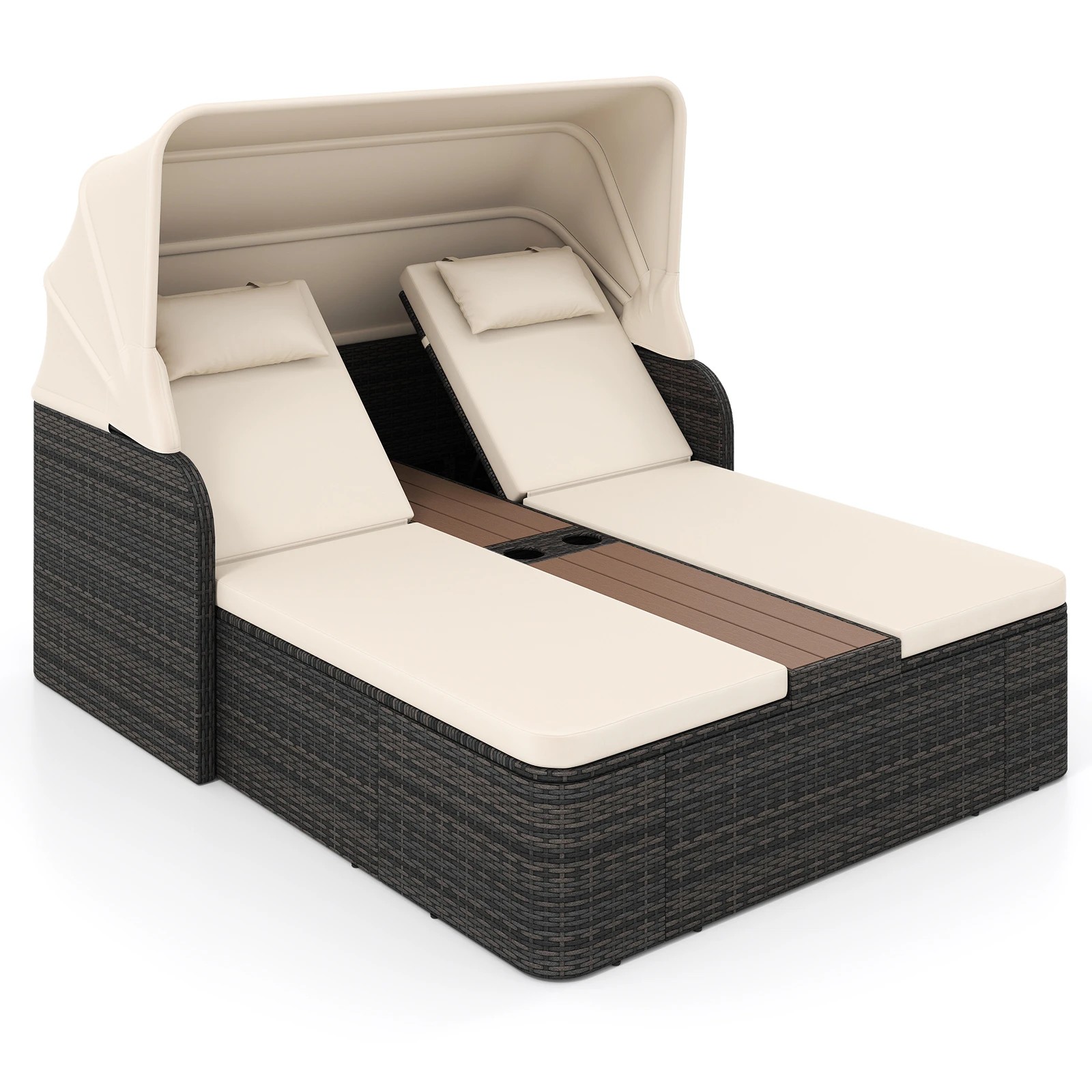 1 Costway Rattan Double Daybed w/Retractable Sunshade Outdoor Chaise Lounge Loveseat, 1 of 5