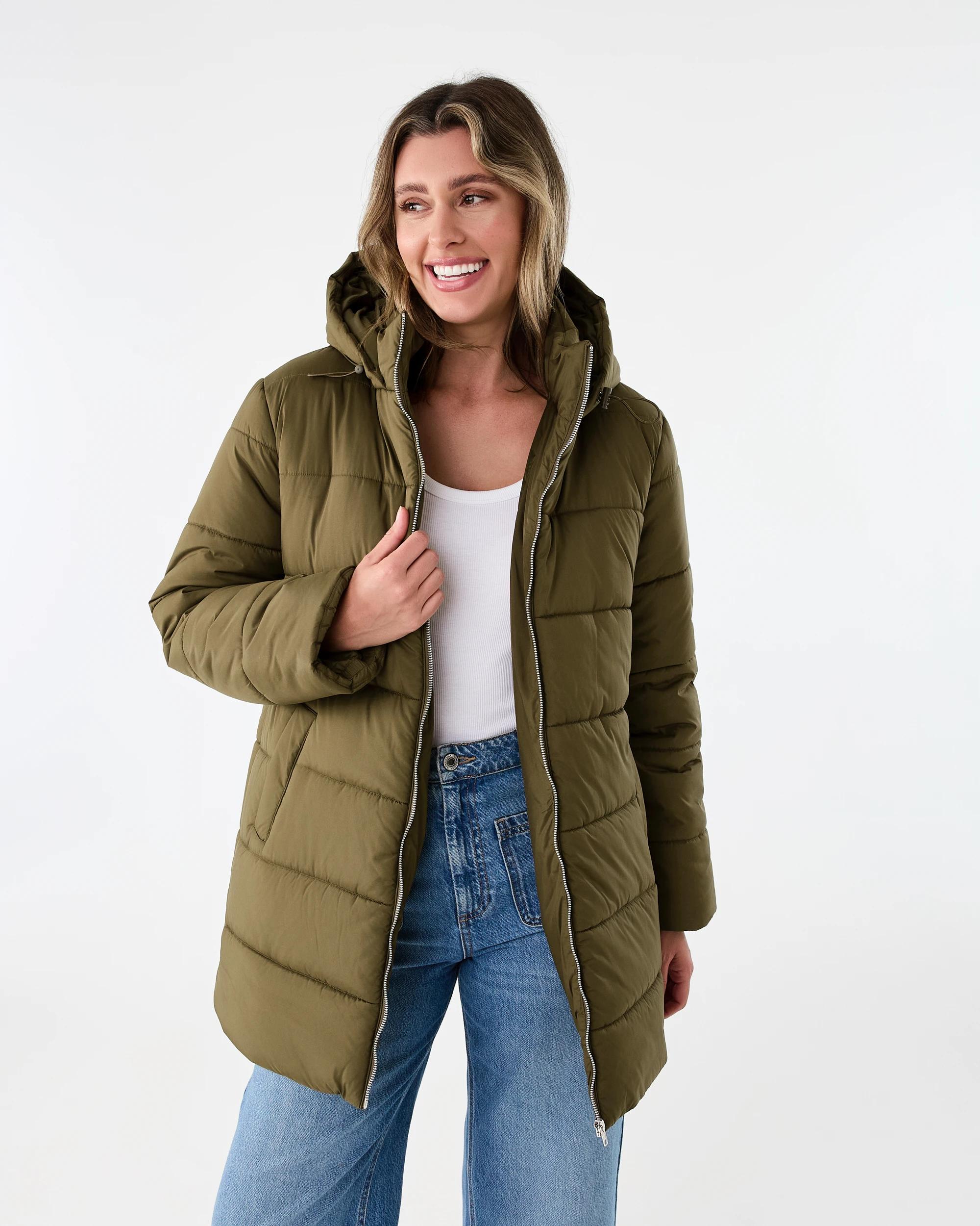 1 Mid Length Puffer Jacket Deep Olive, 1 of 7