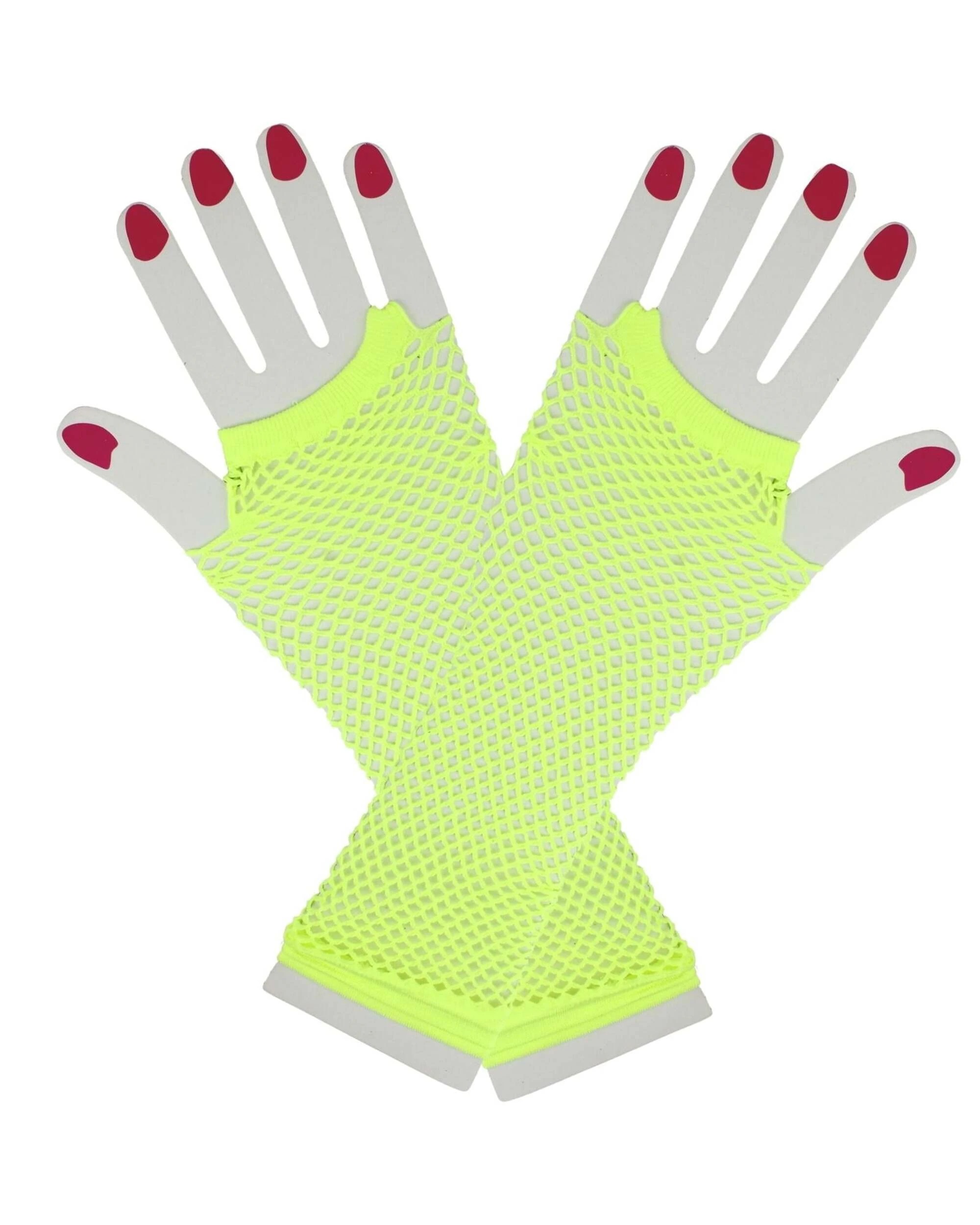 1 Partyrama Neon Fingerless Fishnet Gloves - One Size - Yellow, 1 of 2