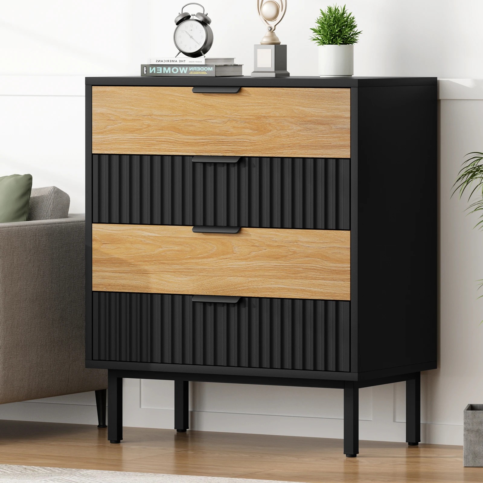 2 Alfordson 4 Chest of Drawers Dresser Tallboy - Black Wood, 2 of 10
