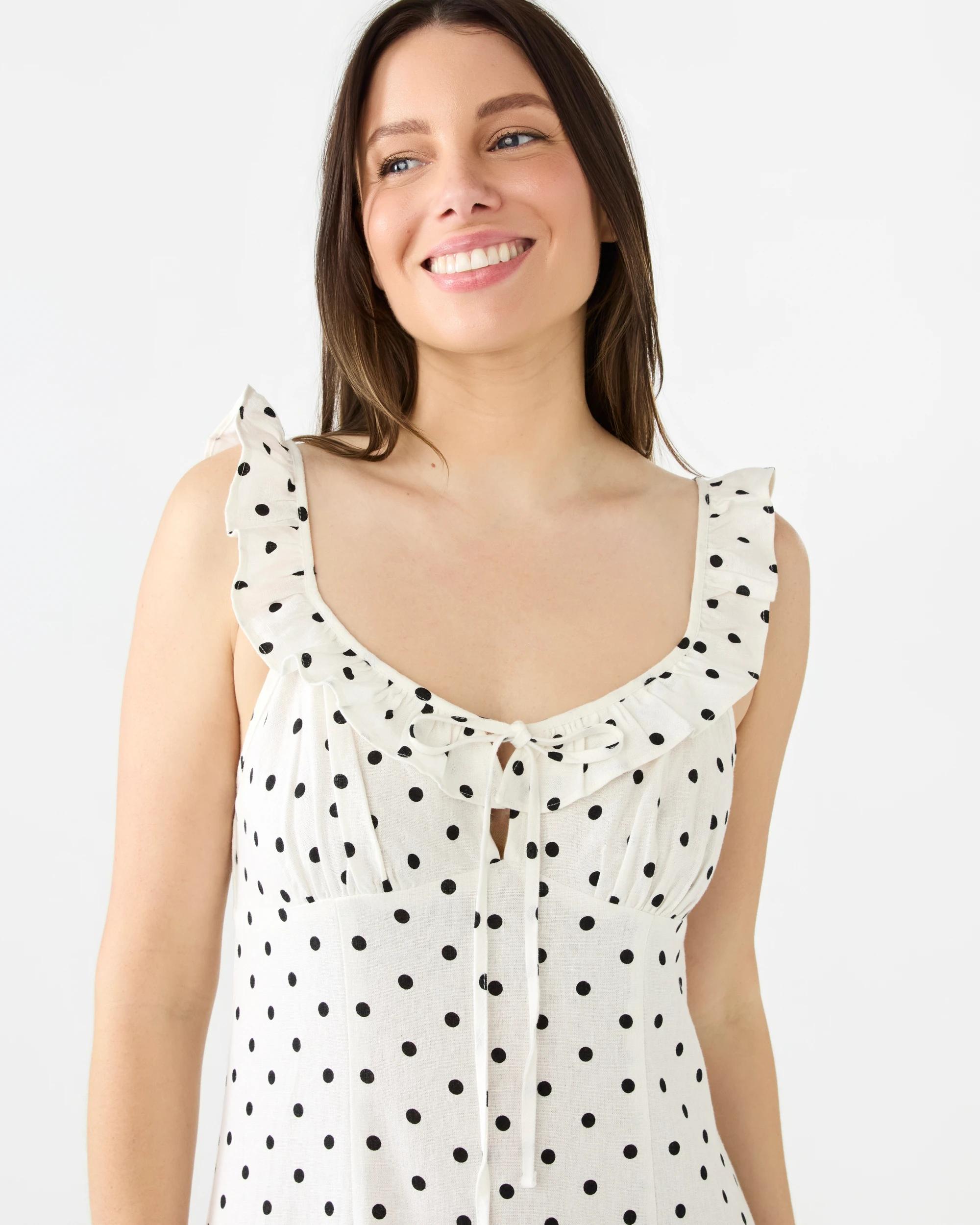 4 Sleeveless Linen Blend Frill Detail Midi Dress White Spot, 4 of 7