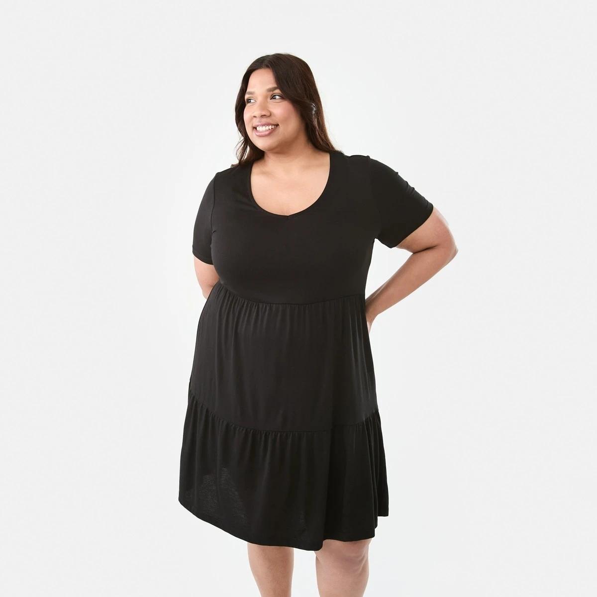 1 Curve Short Sleeve V-Neck Knit Mini Dress Black, 1 of 7