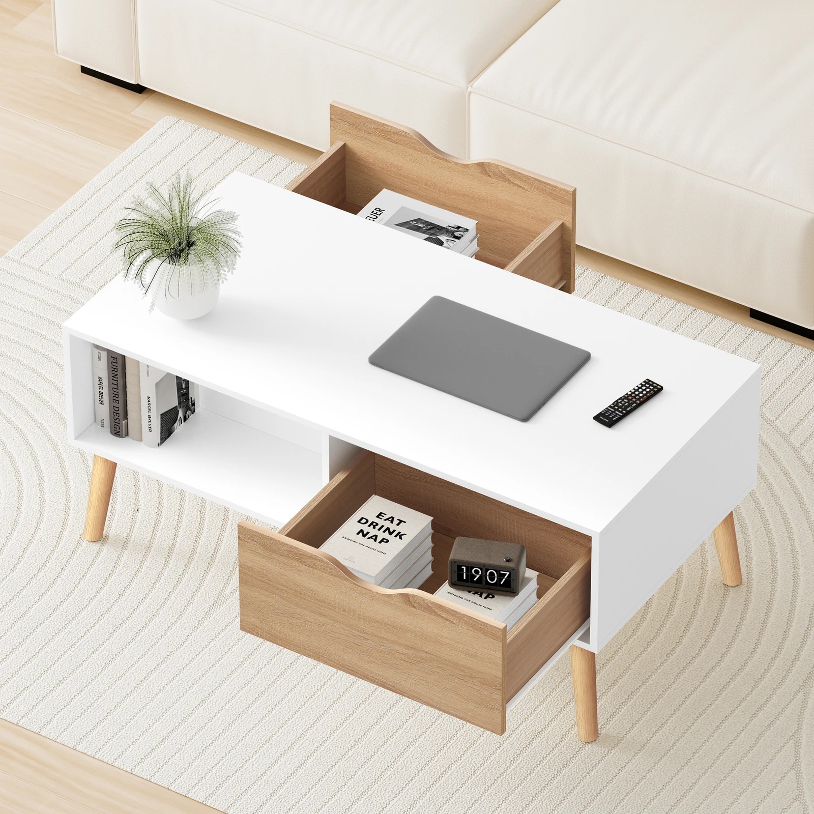 5 Alfordson Coffee Table Storage Tables 2 Drawers Shelf Modern Desk - Oak Whtie, 5 of 10