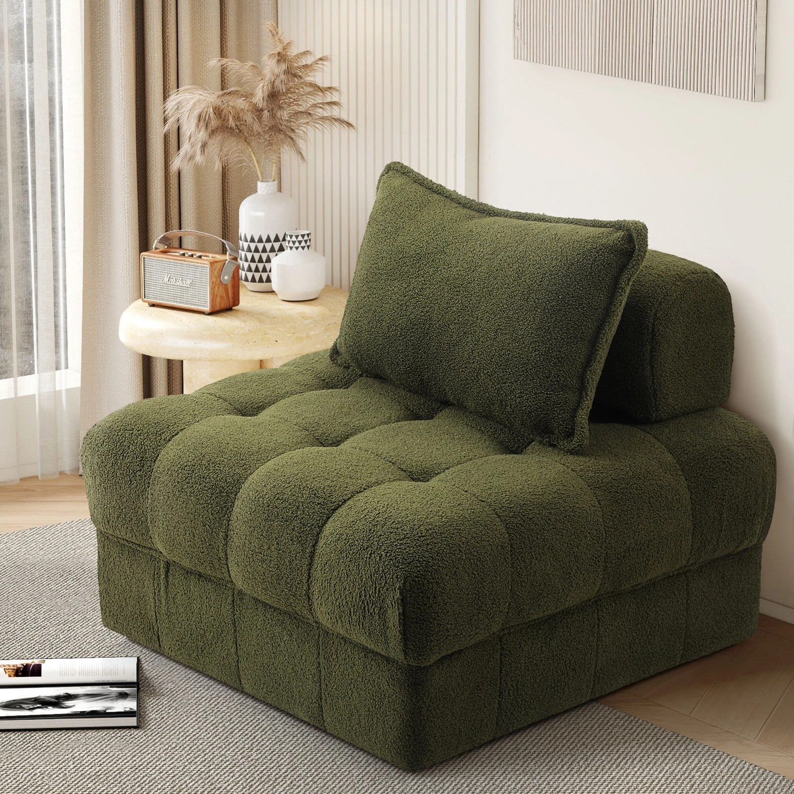 9 Oikiture 1 Seater Boucle Modular Sofa Lounge Chair Armless Tofu Back
 - Green - Green, 9 of 10