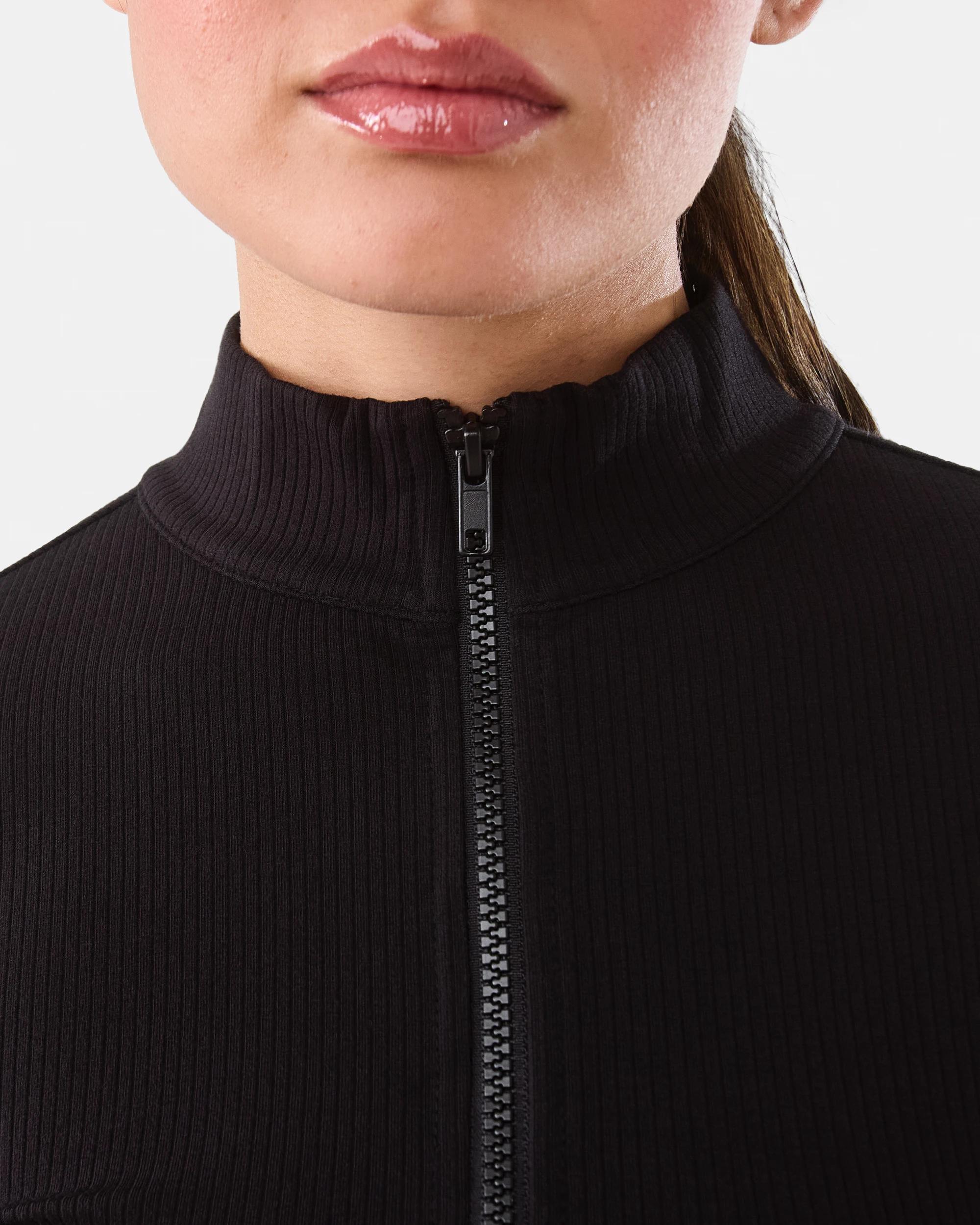 6 Active Womens Ribbed Zip Through Long Sleeve Top Black, 6 of 8
