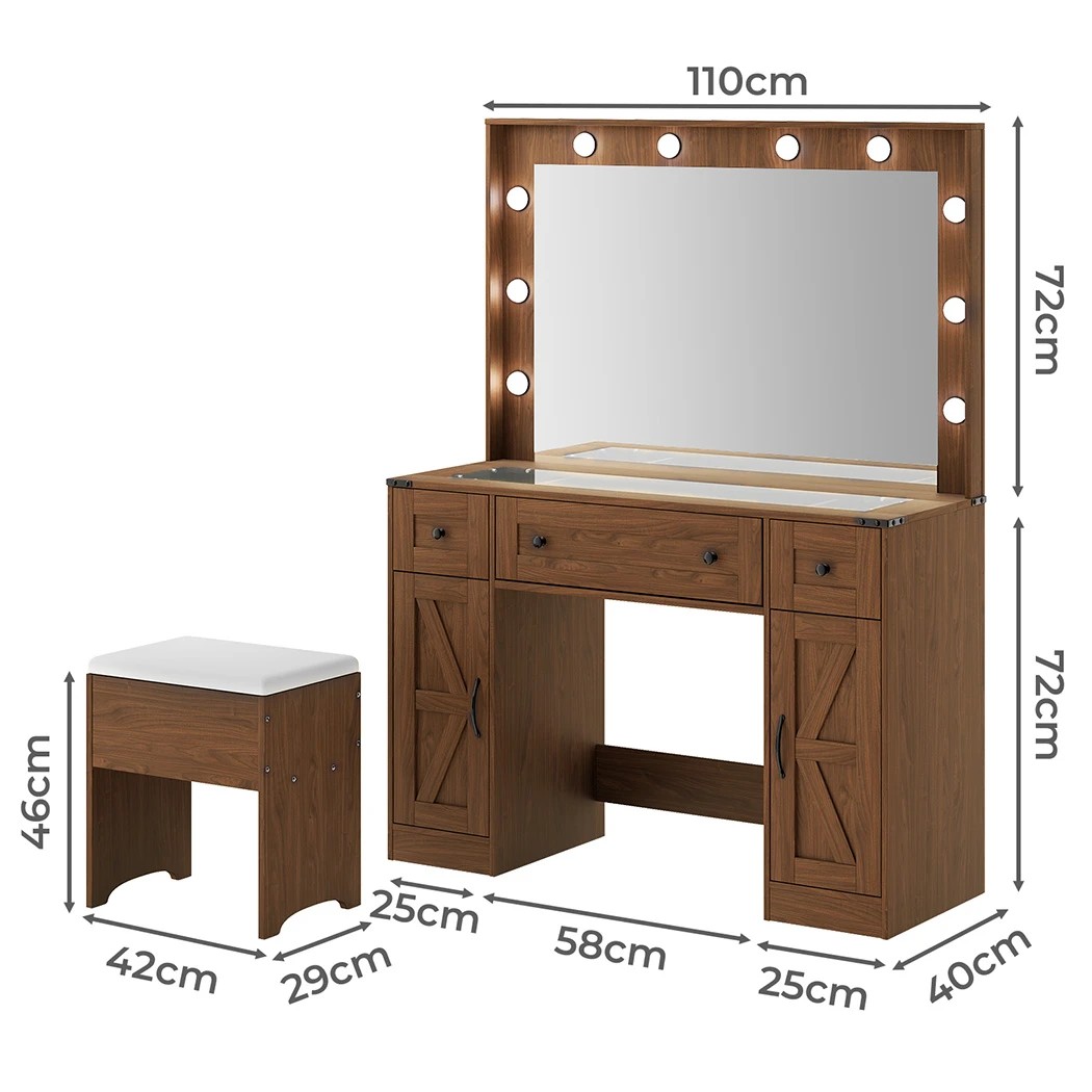 3 Levede Dressing Table with Hollywood Makeup Mirror and Lights Brown, 3 of 6