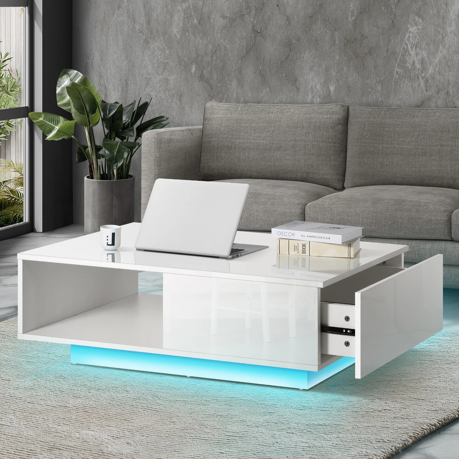 2 Oikiture Coffee Table Led Light High Gloss Storage Drawer Modern
 - White, 2 of 10