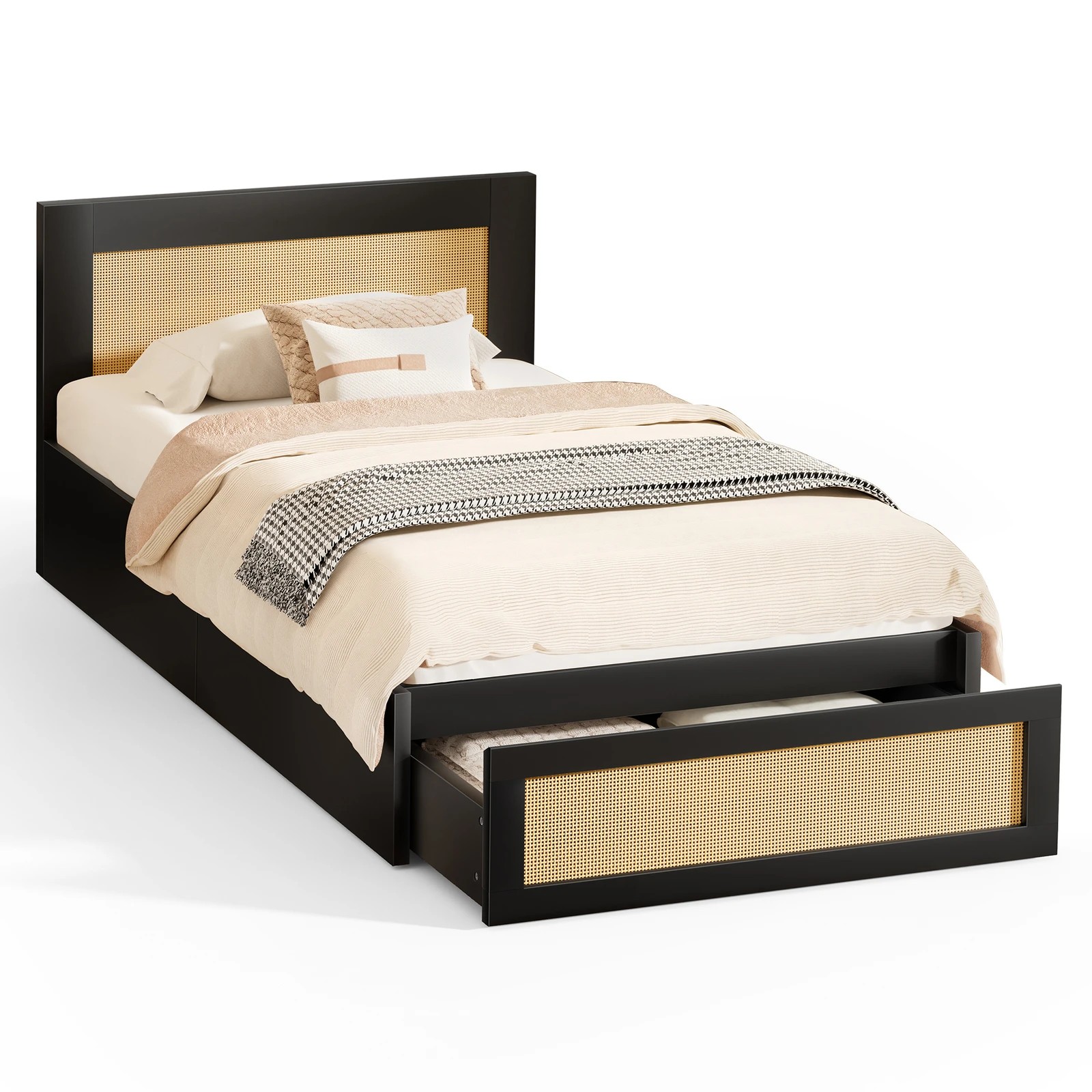 1 Alfordson Wooden Bed Frame Single Size Rattan Bed Base with Storage Drawer - Black, 1 of 10