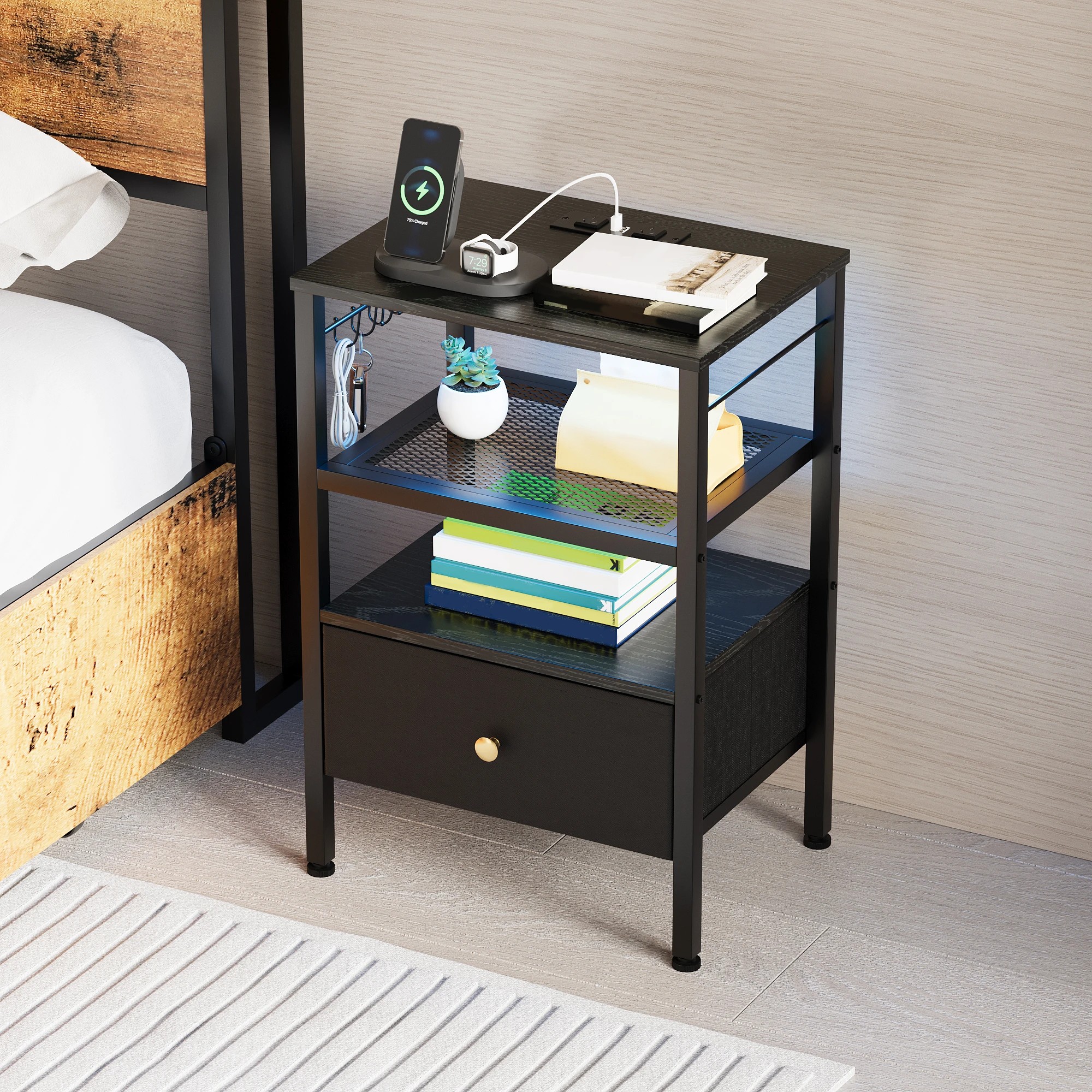 6 Advwin Set of 2 Bedside Table with Charging Station LED Lights Drawer - Black, 6 of 7