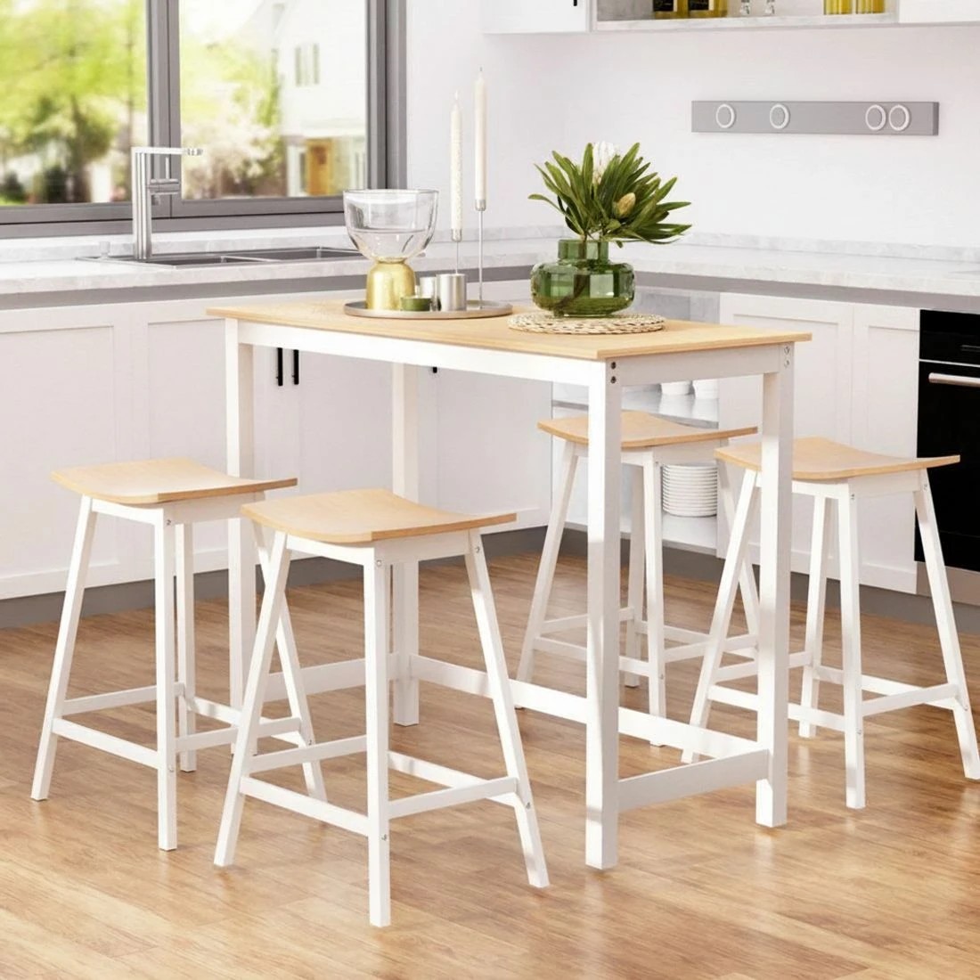 6 Artiss Bar Table and Stools Set Dining Desk Solid Wood Kitchen Chairs Cafe Pub - Natural, 6 of 8