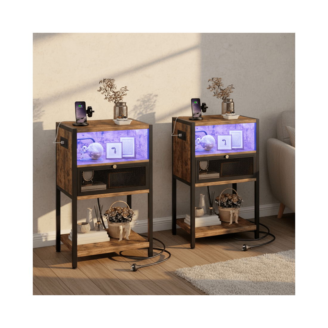 3 Advwin 2x LED Bedside Table with Charging Station Metal Mesh Drawer Nightstand Side Table - Brown, 3 of 9