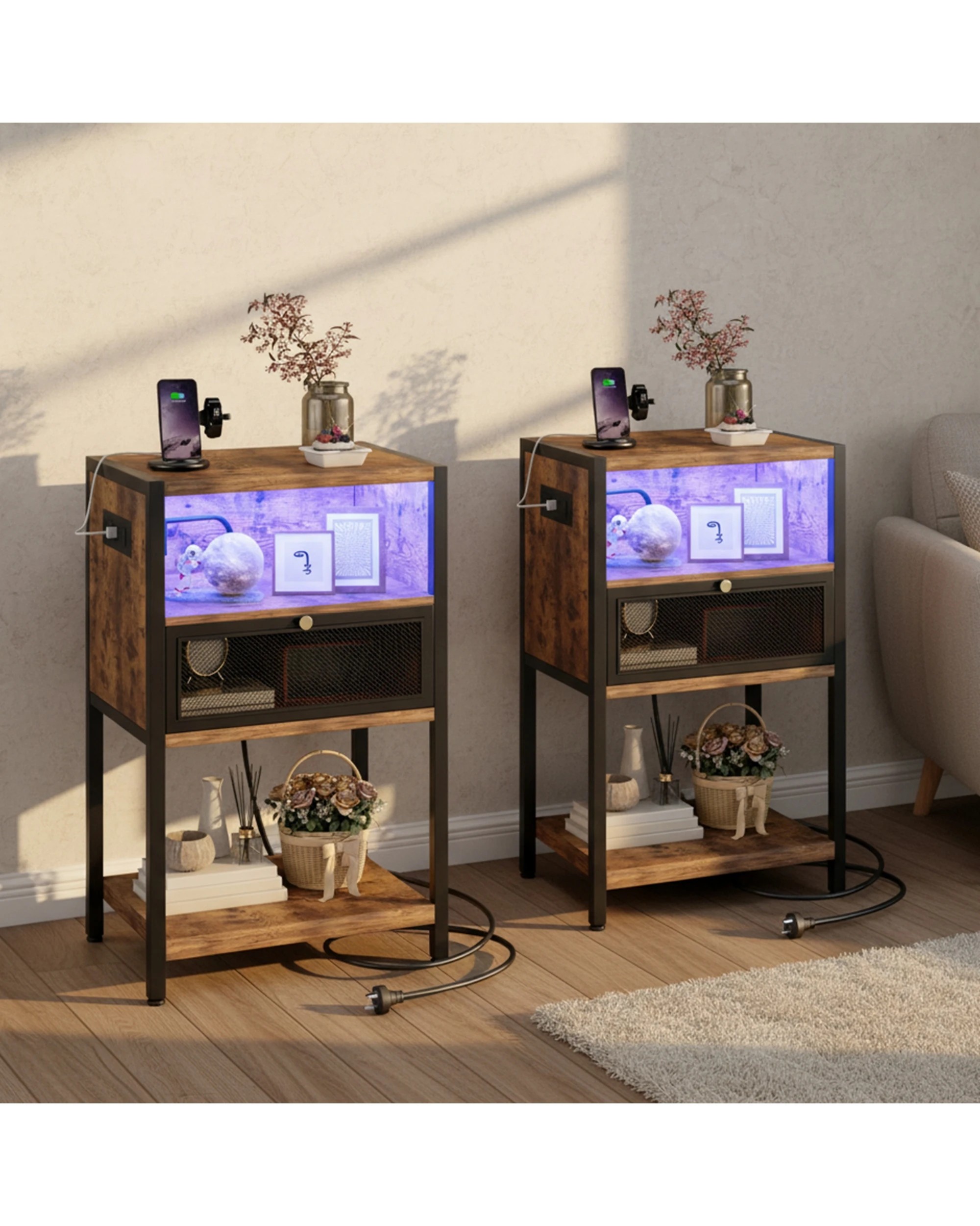 3 Advwin 2x LED Bedside Table with Charging Station Metal Mesh Drawer Nightstand Side Table - Brown, 3 of 9