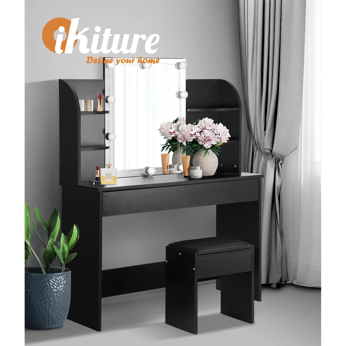 6 Oikiture Dressing Table Stool Set Makeup Mirror Storage Drawer 10led Bulbs
 - Black, 6 of 9